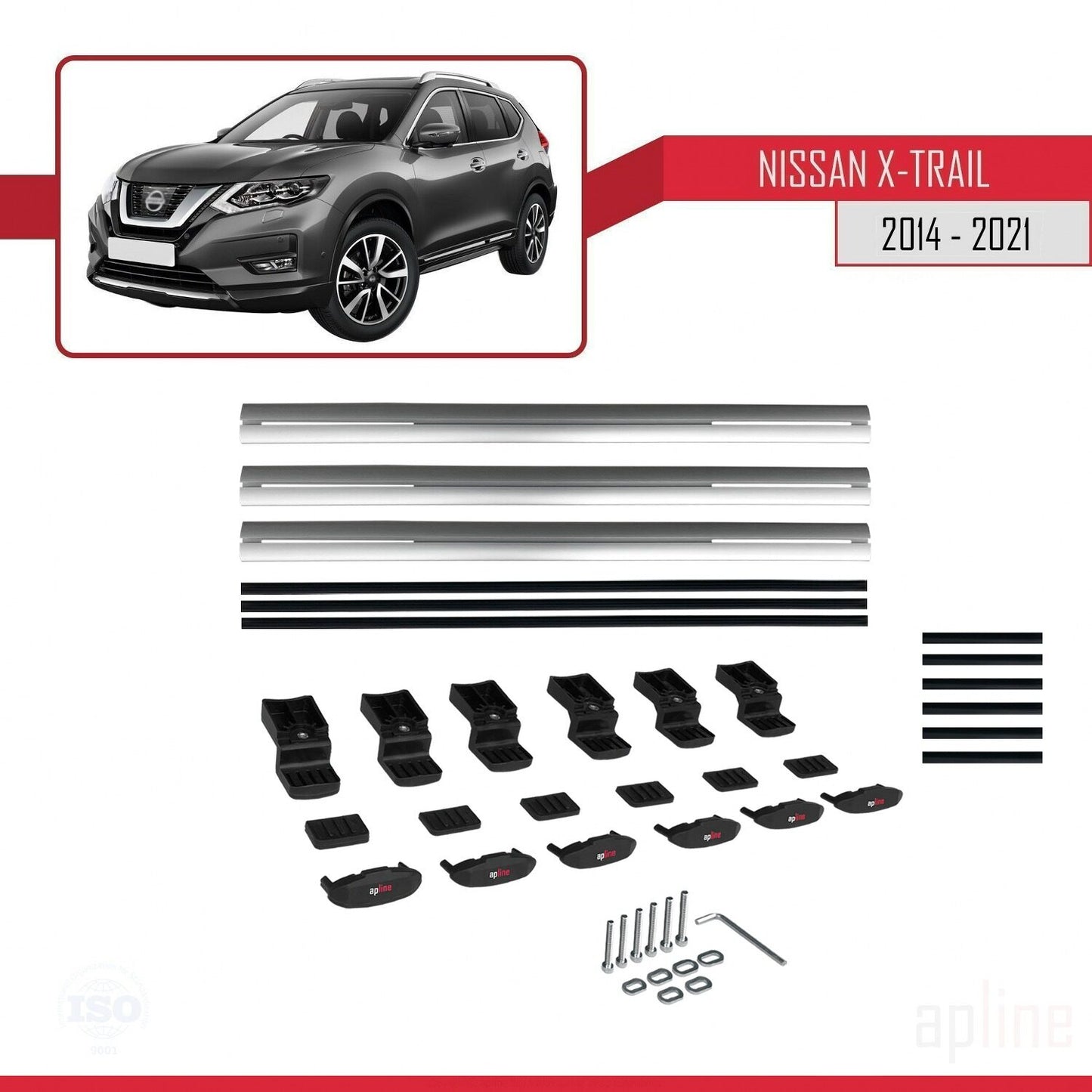 Compatible avec Nissan X-Trail 3 (T32) 2014-2021 BASIC Model Barres de Toit Railing Porte-Bagages de Voiture Gris Aluminium 3 Barres