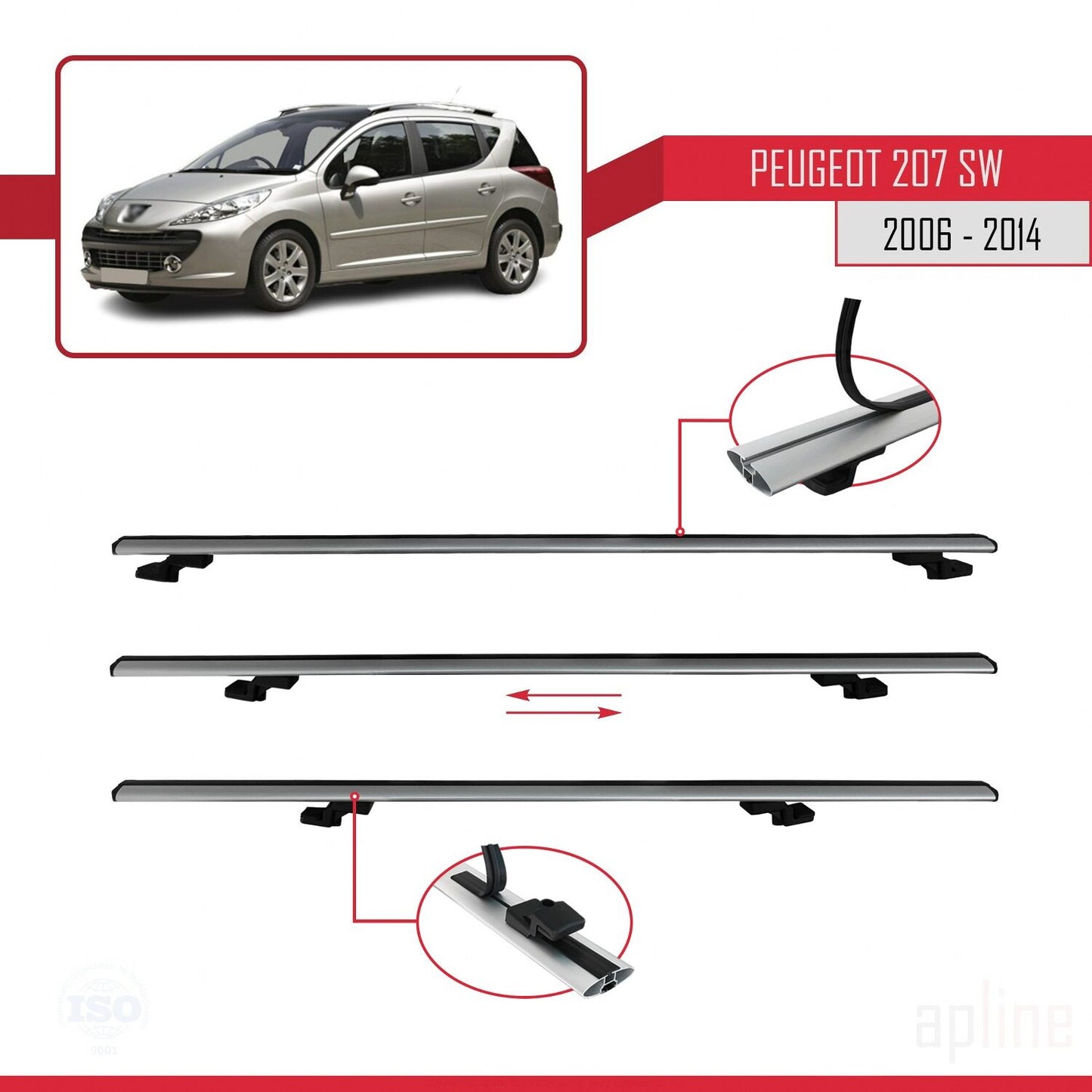 Compatible avec Peugeot 207 Break 2006-2014 BASIC Model Barres de Toit Railing Porte-Bagages de Voiture Gris Aluminium 2 Barres