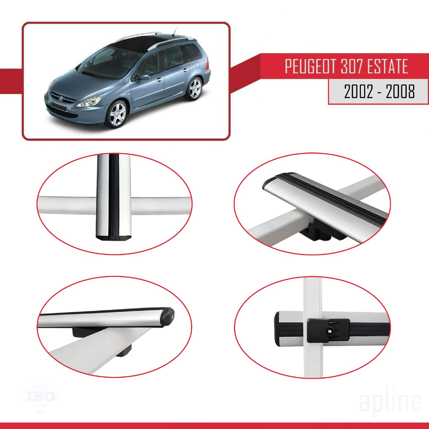 Compatible avec Peugeot 307 Break 2002-2008 BASIC Model Barres de Toit Railing Porte-Bagages de Voiture Gris Aluminium 2 Barres