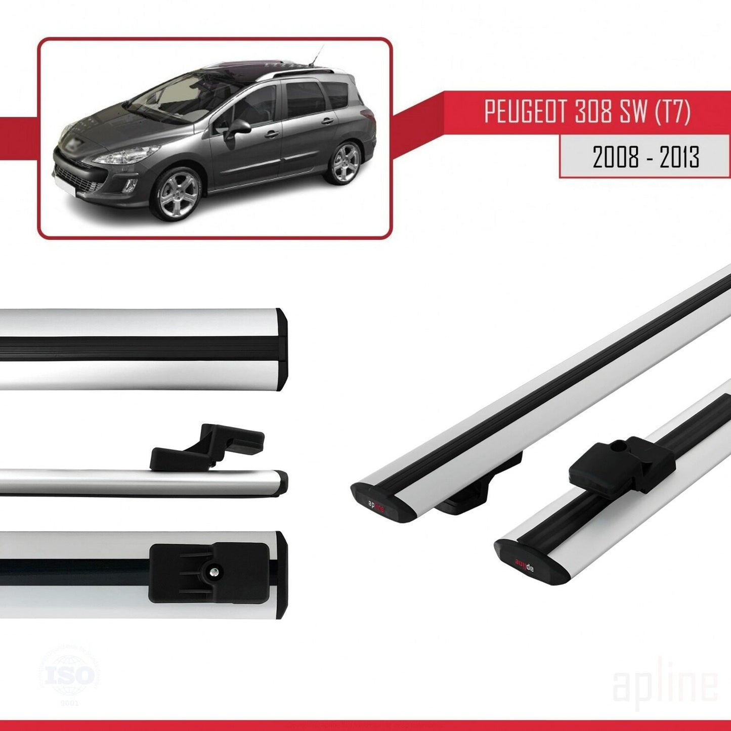Compatibile con Peugeot 308 (T7) SW 2008-2013 BASIC Model Barre Tetto Portapacchi Auto Barre Portatutto Grigo Alluminio 2 Barre