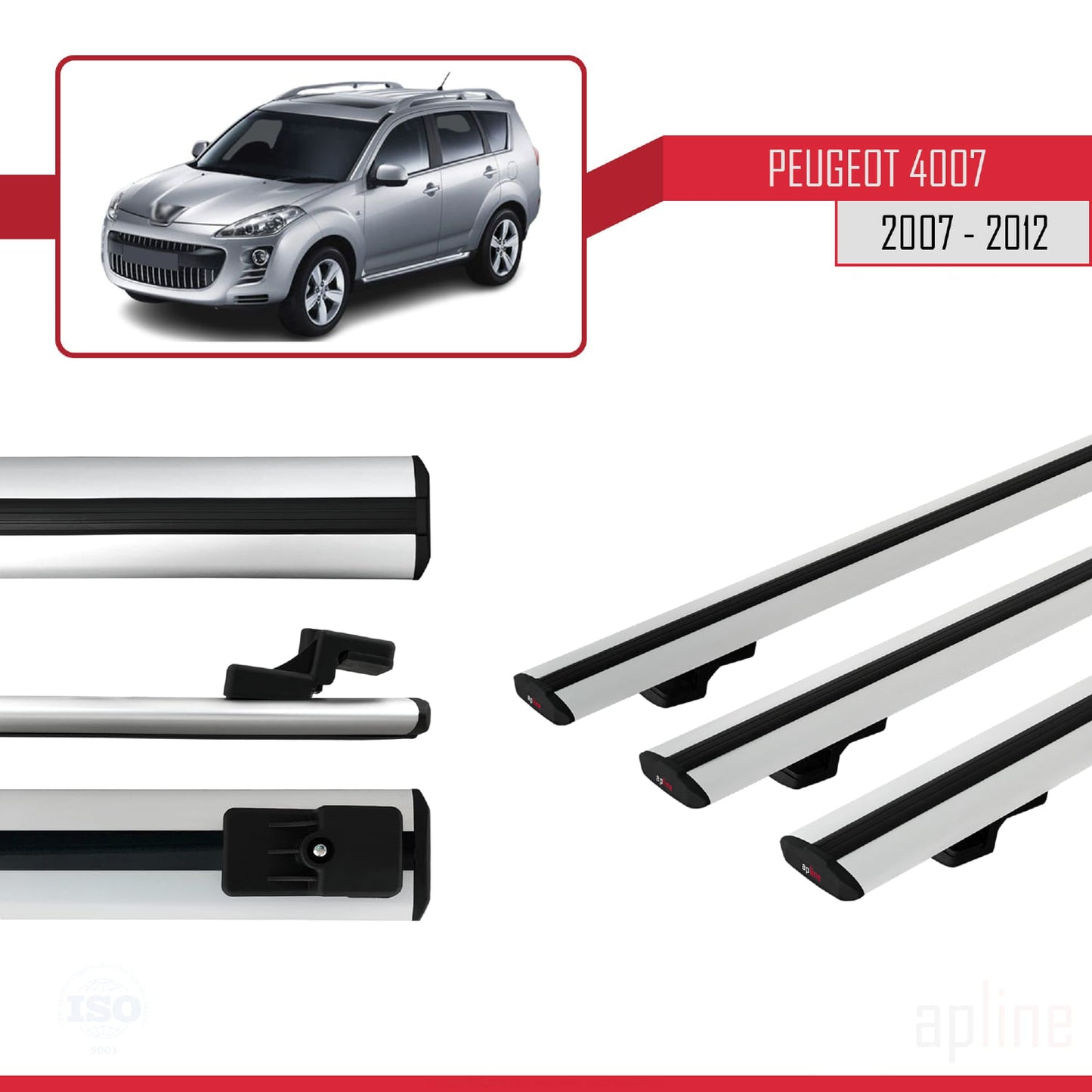 Compatibile con Peugeot 4007 2007-2012 BASIC Model Barre Tetto Portapacchi Auto Barre Portatutto Grigo Alluminio 3 Barre