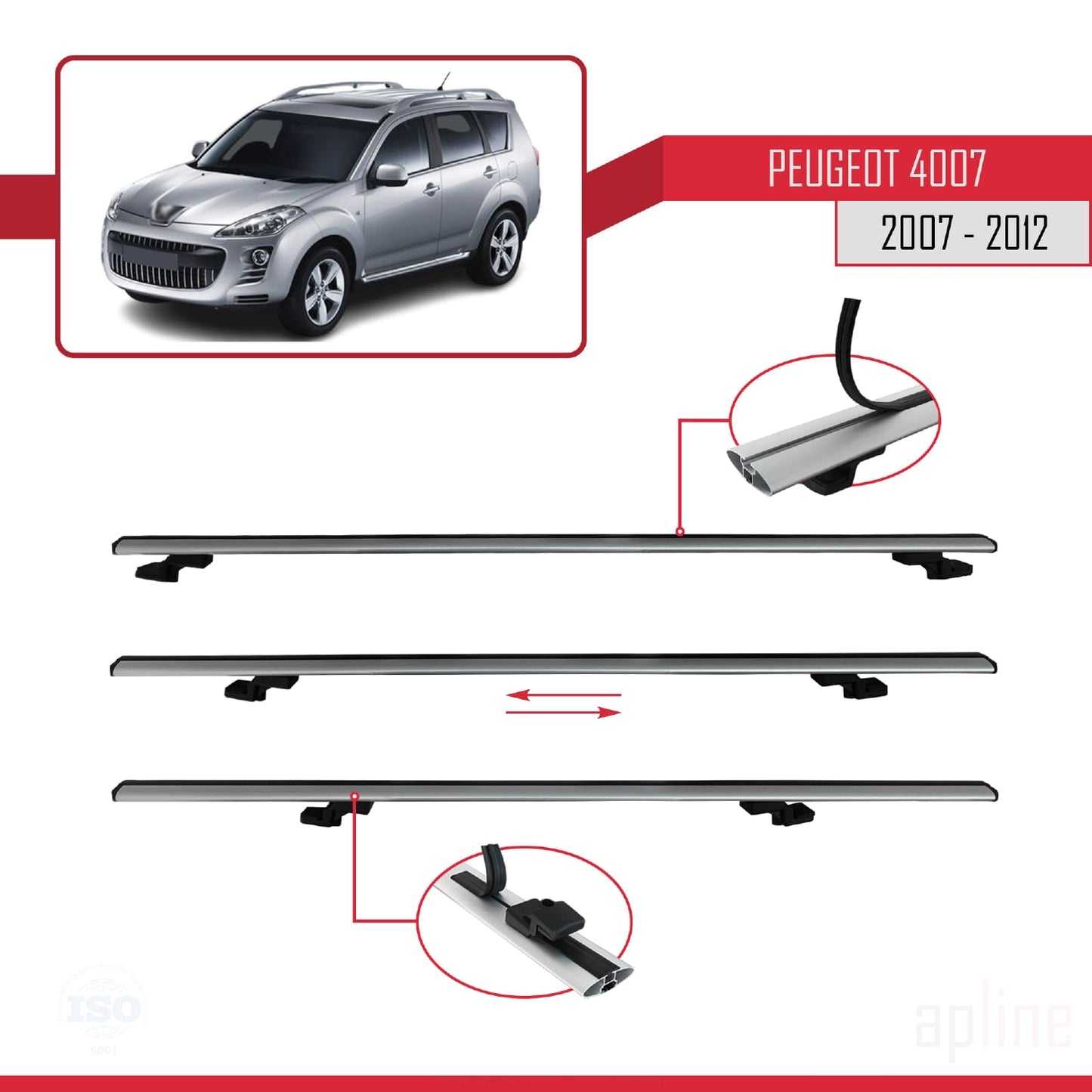 Compatible with Peugeot 4007 2007-2012 BASIC Model Car Roof Rack Cross Bar Grey Aluminium 2 Bars