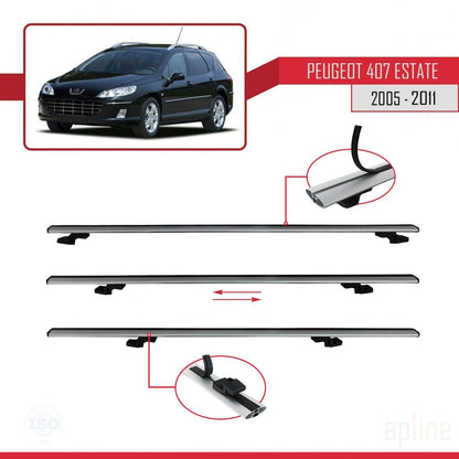 Compatible avec Peugeot 407 Break 2005-2011 BASIC Model Barres de Toit Railing Porte-Bagages de Voiture Gris Aluminium 3 Barres