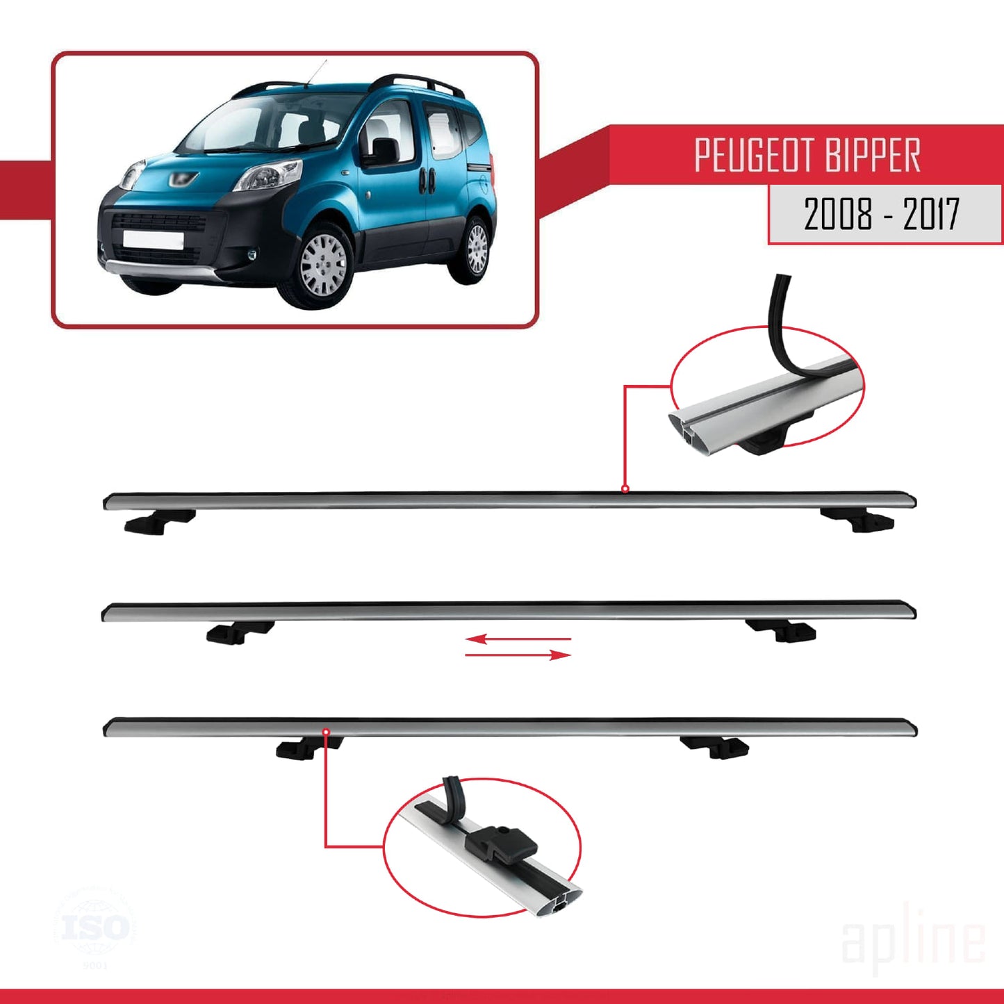 Compatibile con Peugeot Bipper 2008-2017 BASIC Model Barre Tetto Portapacchi Auto Barre Portatutto Grigo Alluminio 2 Barre