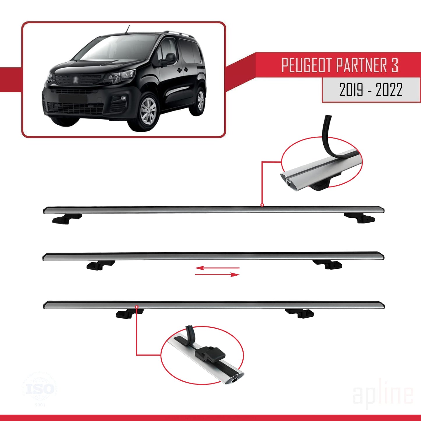 Compatible avec Peugeot Partner 3 2019-2022 BASIC Model Barres de Toit Railing Porte-Bagages de Voiture Gris Aluminium 3 Barres