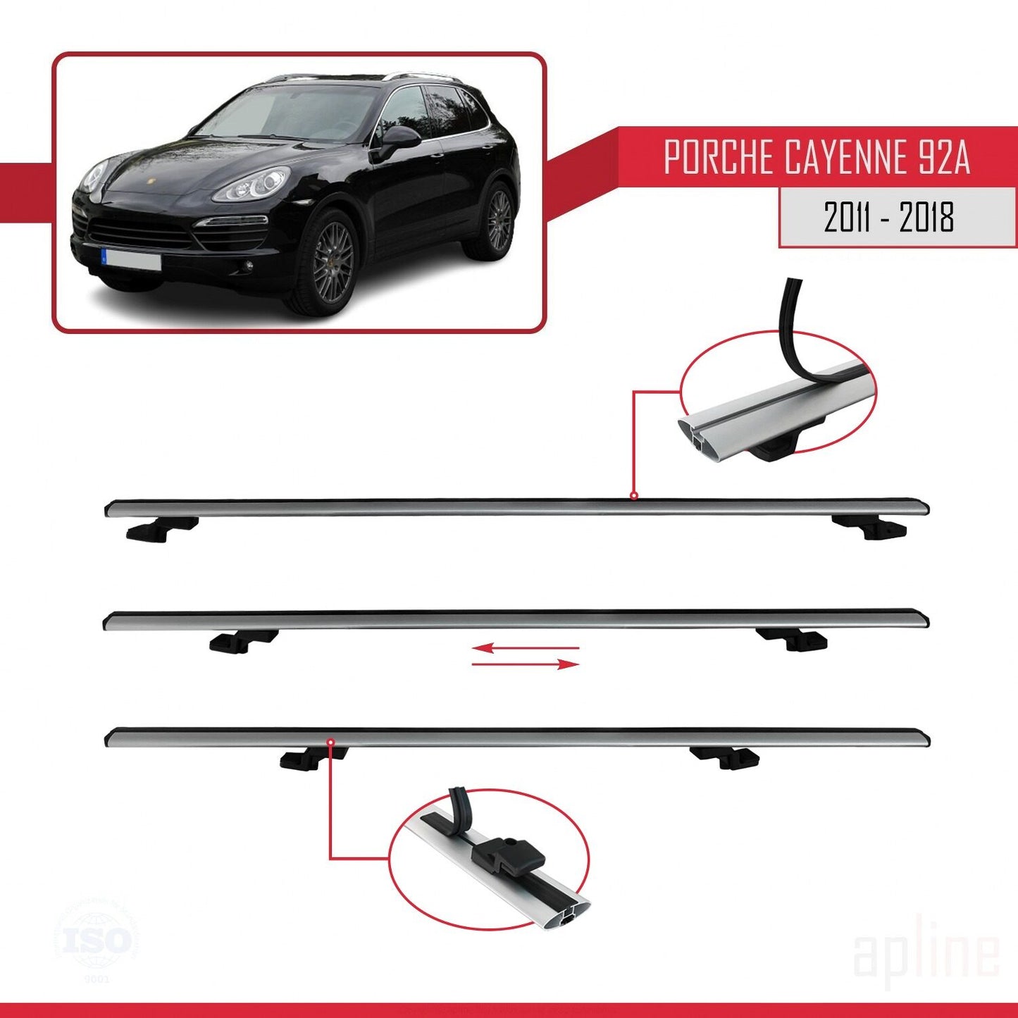 Compatible avec Porsche Cayenne 2 (92A) 2011-2018 BASIC Model Barres de Toit Railing Porte-Bagages de Voiture Gris Aluminium 2 Barres