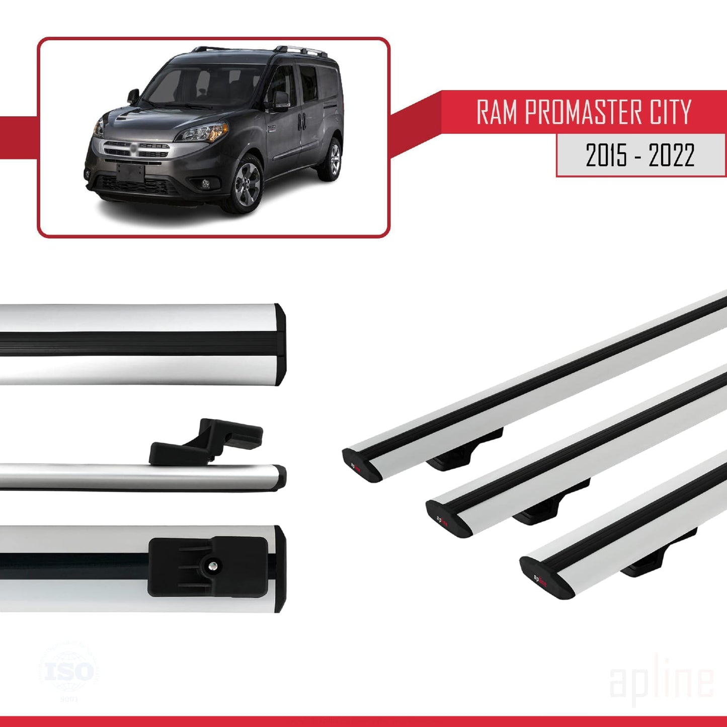 Compatible avec Ram Promaster City (636) 2015-2022 BASIC Model Barres de Toit Railing Porte-Bagages de Voiture Gris Aluminium 3 Barres