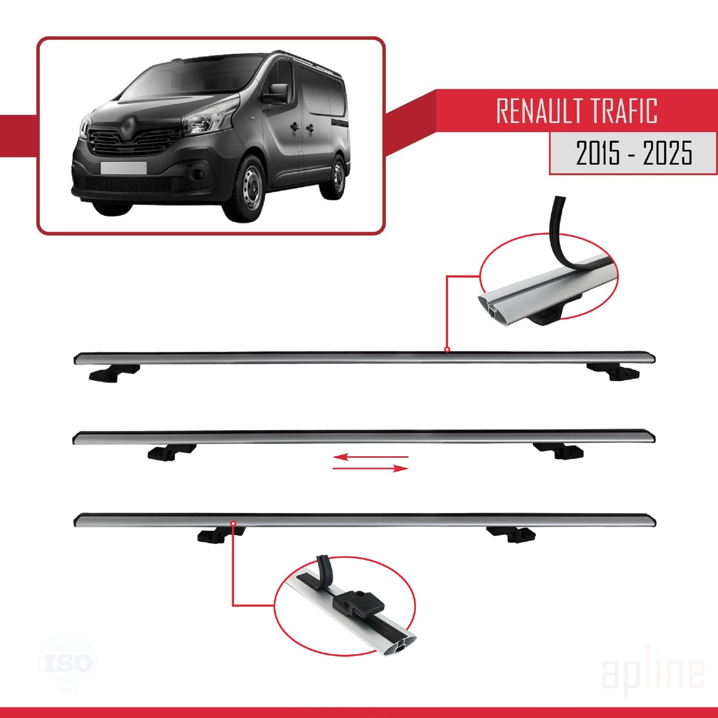Compatible avec Renault Trafic 3 (X82) 2015-2025 BASIC Model Barres de Toit Railing Porte-Bagages de Voiture Gris Aluminium 4 Barres