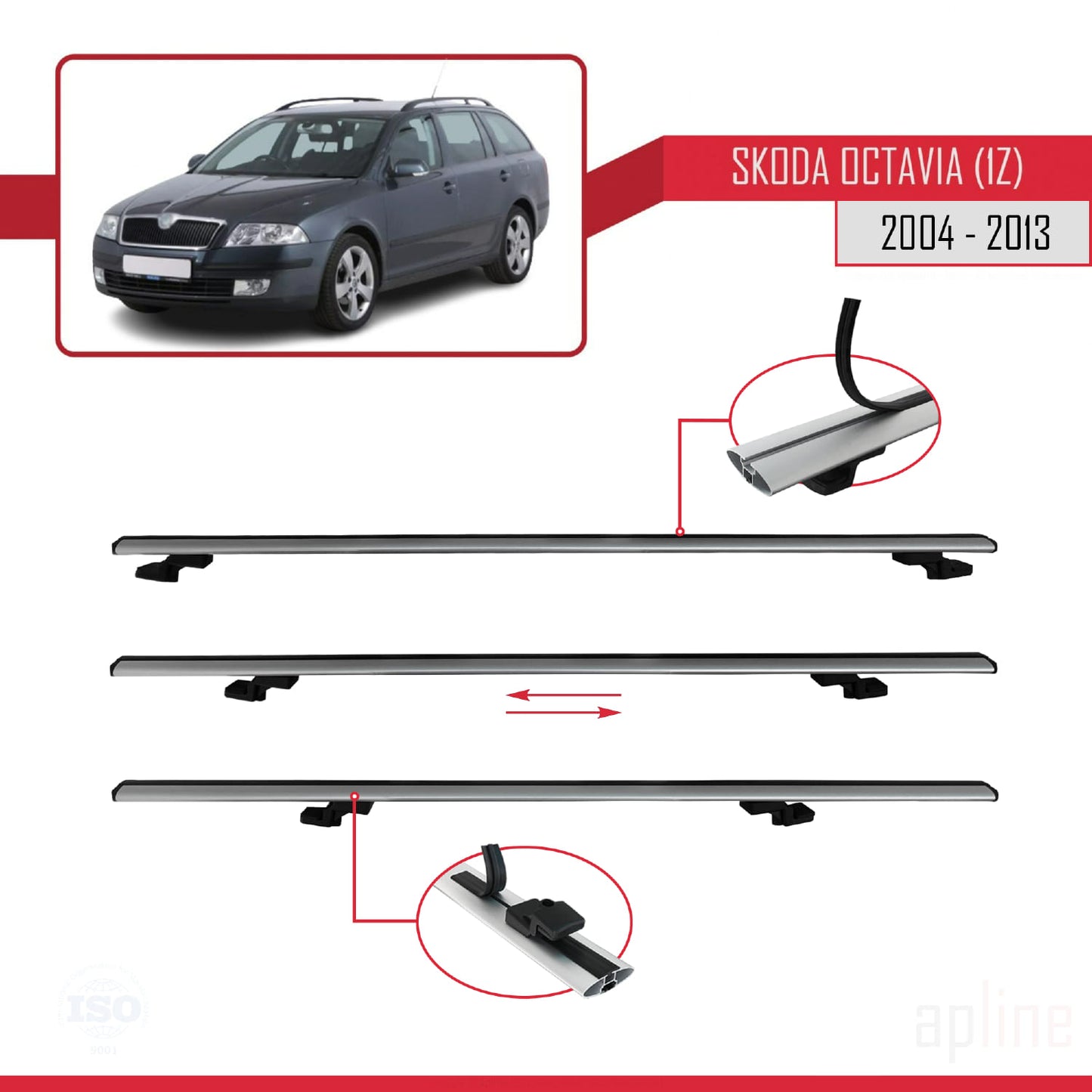 Compatibile con Skoda Octavia 2 (1Z) 2004-2013 BASIC Model Barre Tetto Portapacchi Auto Barre Portatutto Grigo Alluminio 3 Barre