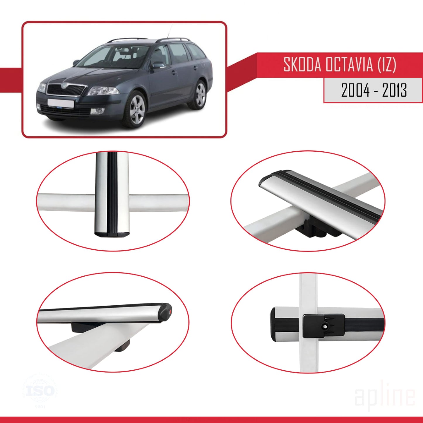 Compatible with Skoda Octavia 2 (1Z) 2004-2013 BASIC Model Car Roof Rack Cross Bar Grey Aluminium 2 Bars