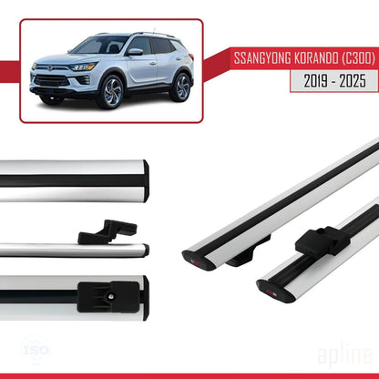 Compatible avec Ssangyong Korando 4 (C300) 2019-2025 BASIC Model Barres de Toit Railing Porte-Bagages de Voiture Gris Aluminium 2 Barres