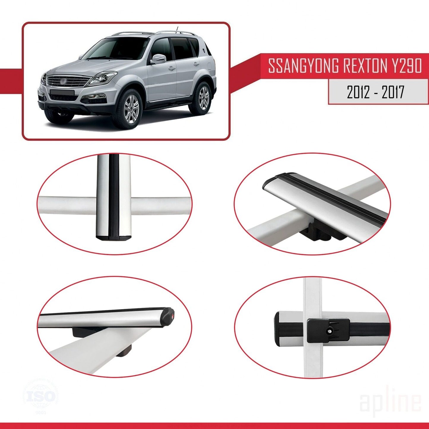 Compatible avec Ssangyong Rexton (Y290) 2012-2017 BASIC Model Barres de Toit Railing Porte-Bagages de Voiture Gris Aluminium 3 Barres