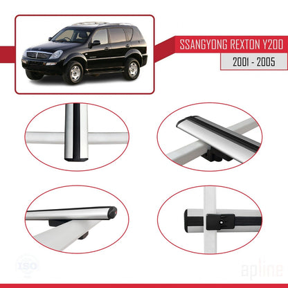 Compatible with Ssangyong Rexton (Y200) 2001-2005 BASIC Model Car Roof Rack Cross Bar Grey Aluminium 3 Bars
