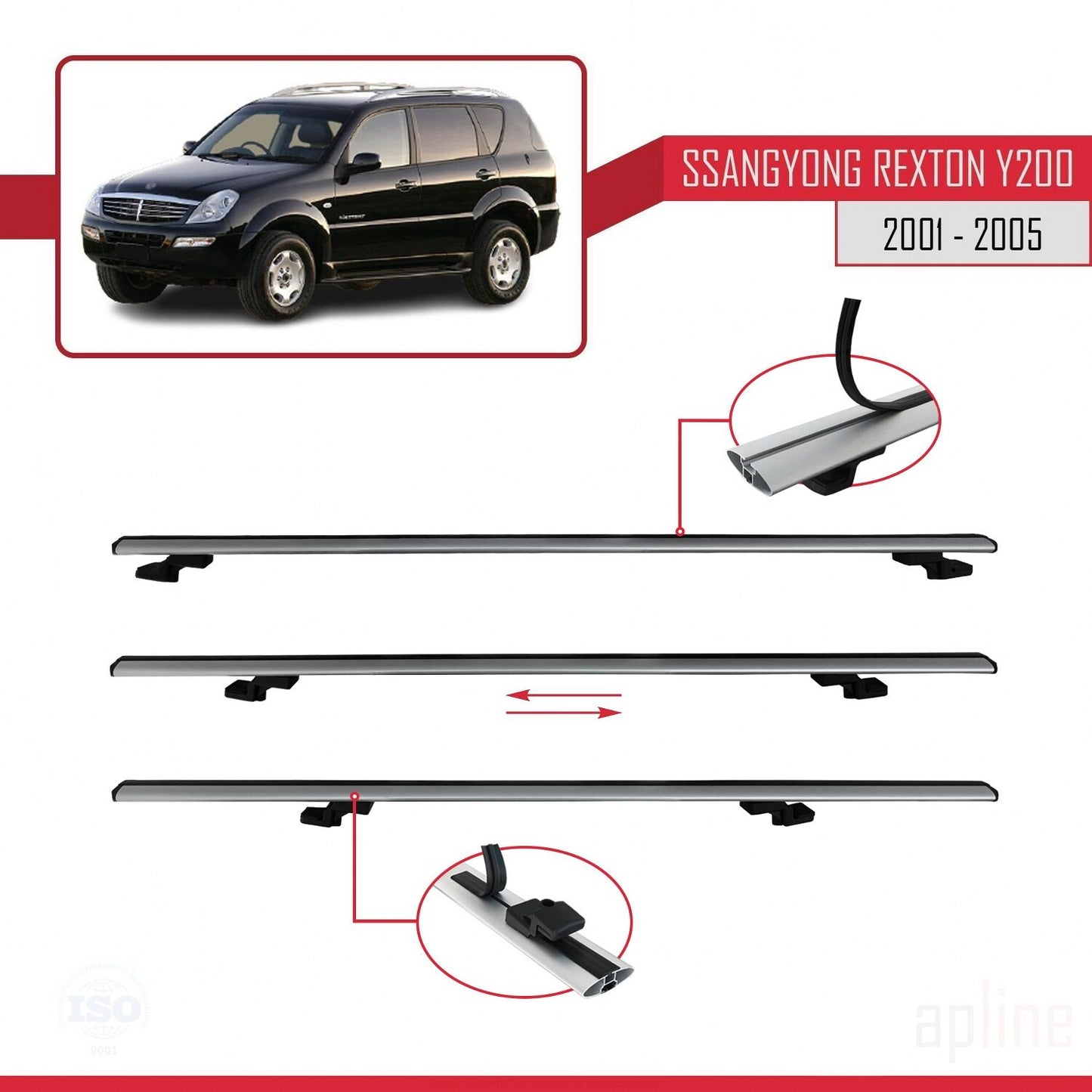 Compatible with Ssangyong Rexton (Y200) 2001-2005 BASIC Model Car Roof Rack Cross Bar Grey Aluminium 2 Bars