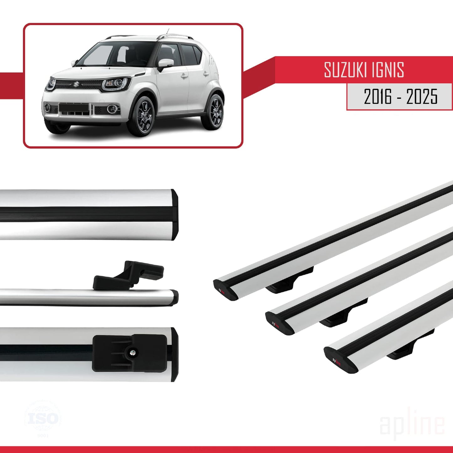Compatible with Suzuki Ignıs 2016-2025 BASIC Model Car Roof Rack Cross Bar Grey Aluminium 3 Bars