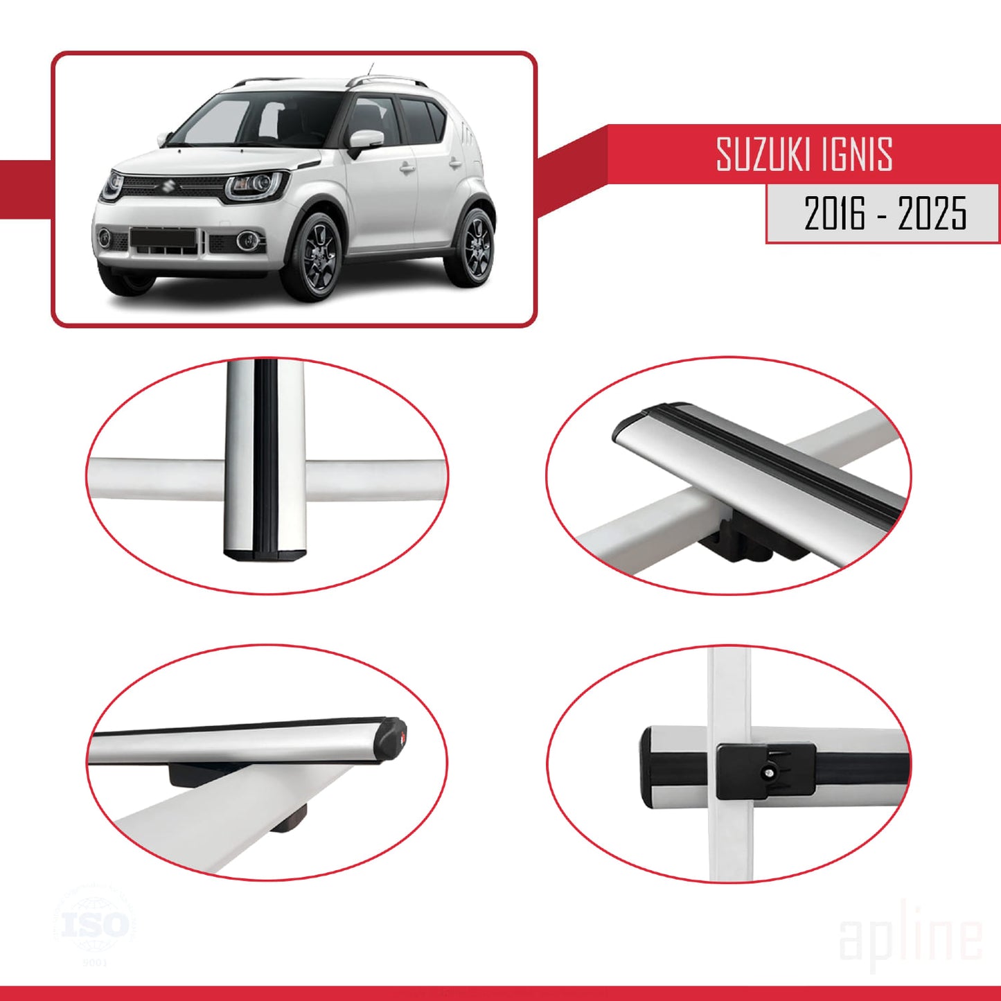 Compatible with Suzuki Ignıs 2016-2025 BASIC Model Car Roof Rack Cross Bar Grey Aluminium 3 Bars