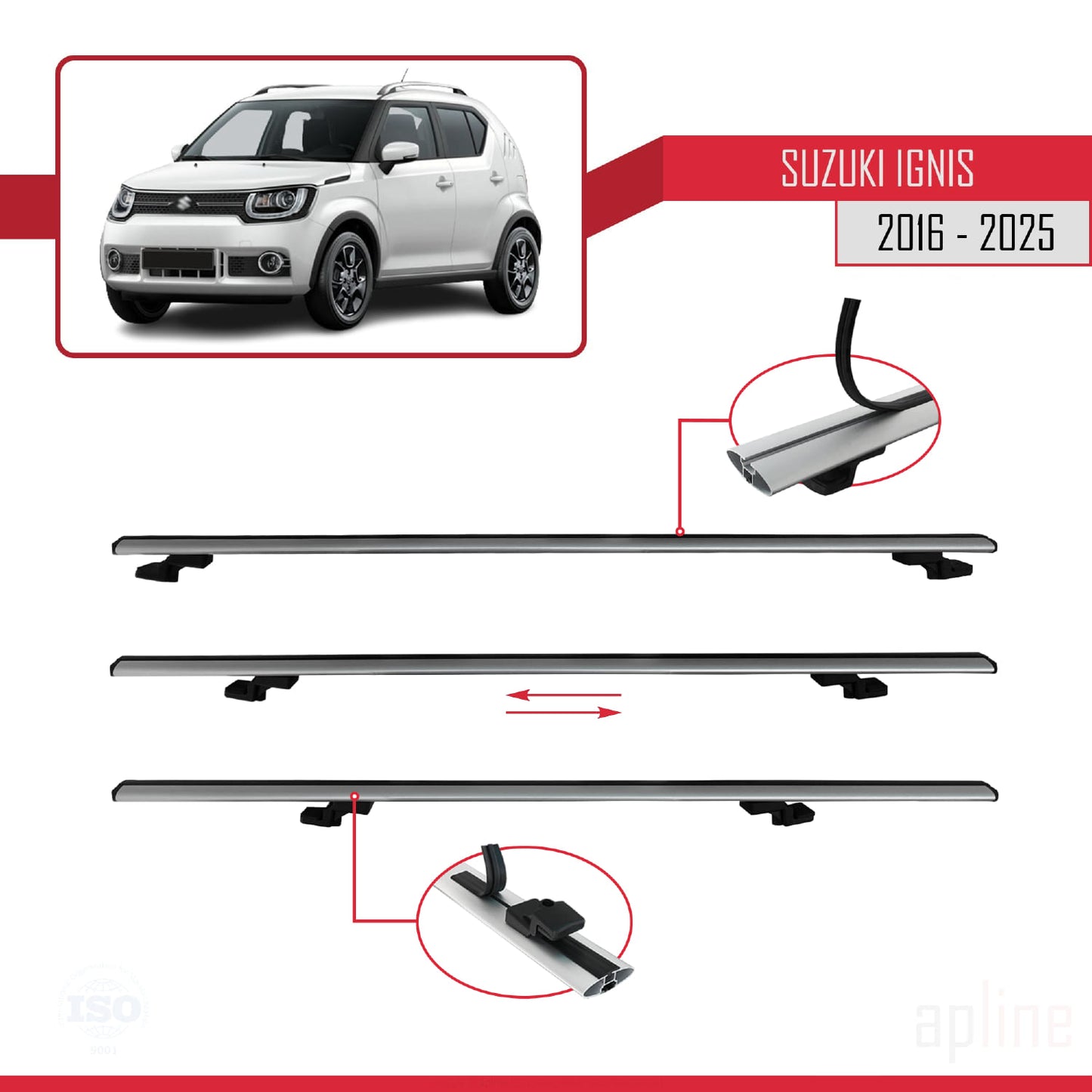 Compatible with Suzuki Ignıs 2016-2025 BASIC Model Car Roof Rack Cross Bar Grey Aluminium 3 Bars