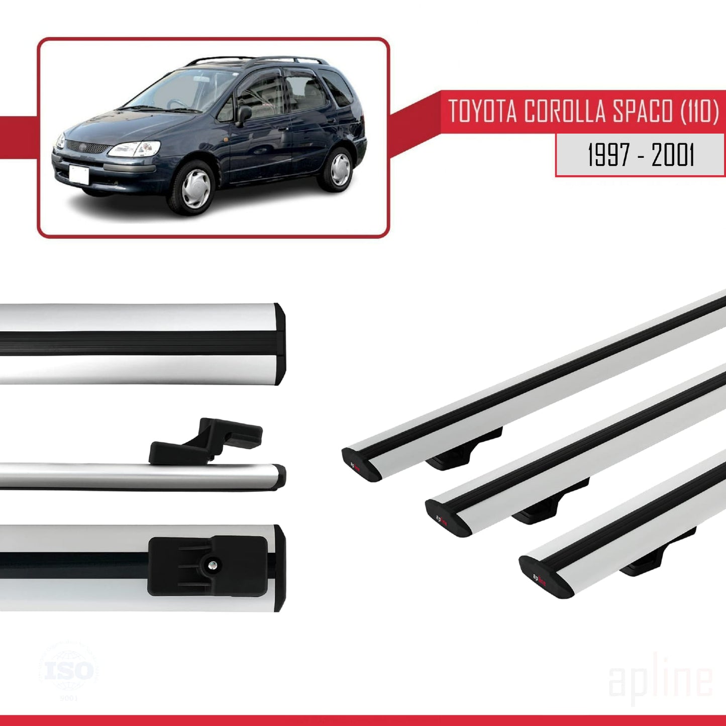 Compatible avec Toyota Corolla Spacio (E110) 1997-2001 BASIC Model Barres de Toit Railing Porte-Bagages de Voiture Gris Aluminium 3 Barres