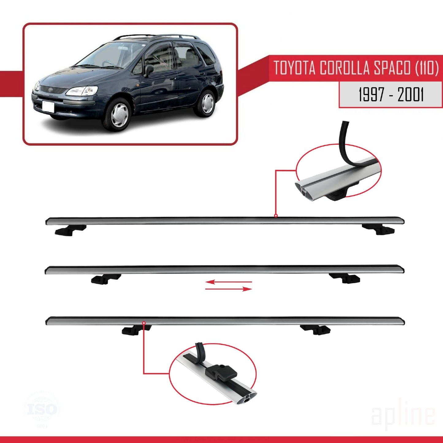 Compatible avec Toyota Corolla Spacio (E110) 1997-2001 BASIC Model Barres de Toit Railing Porte-Bagages de Voiture Gris Aluminium 3 Barres