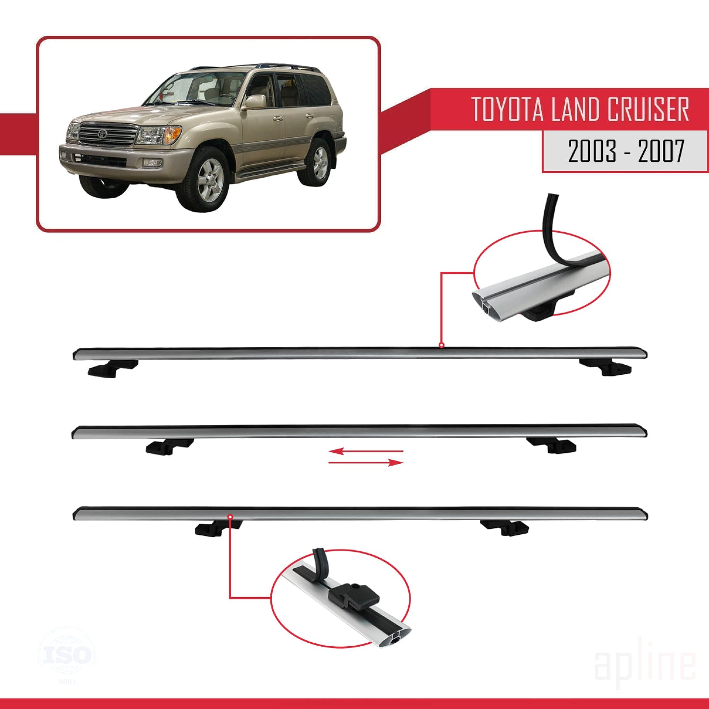 Compatible avec Toyota Land Cruiser (J100) 2003-2007 BASIC Model Barres de Toit Railing Porte-Bagages de Voiture Gris Aluminium 2 Barres