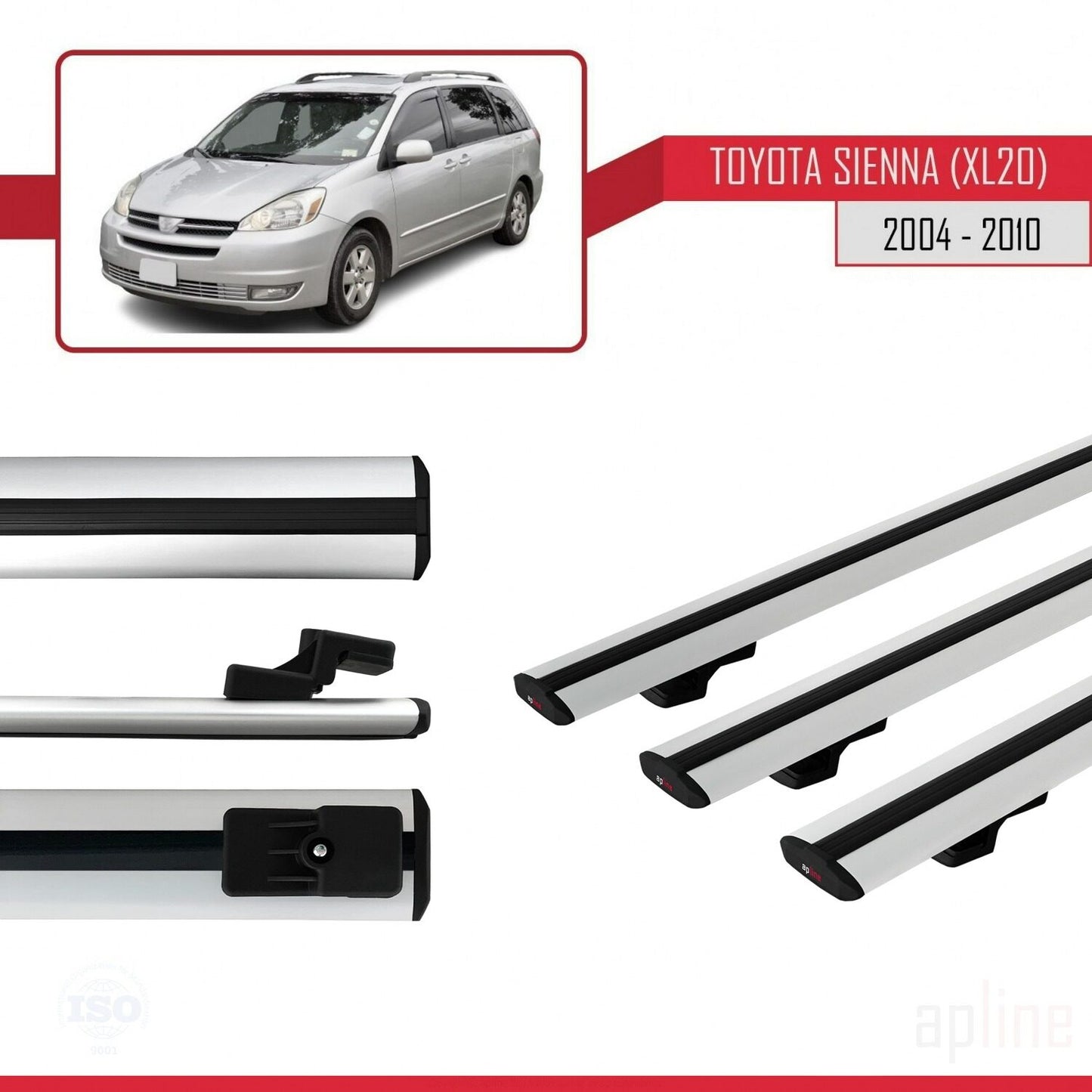 Compatible avec Toyota Sienna 2 (XL20) 2004-2010 BASIC Model Barres de Toit Railing Porte-Bagages de Voiture Gris Aluminium 3 Barres