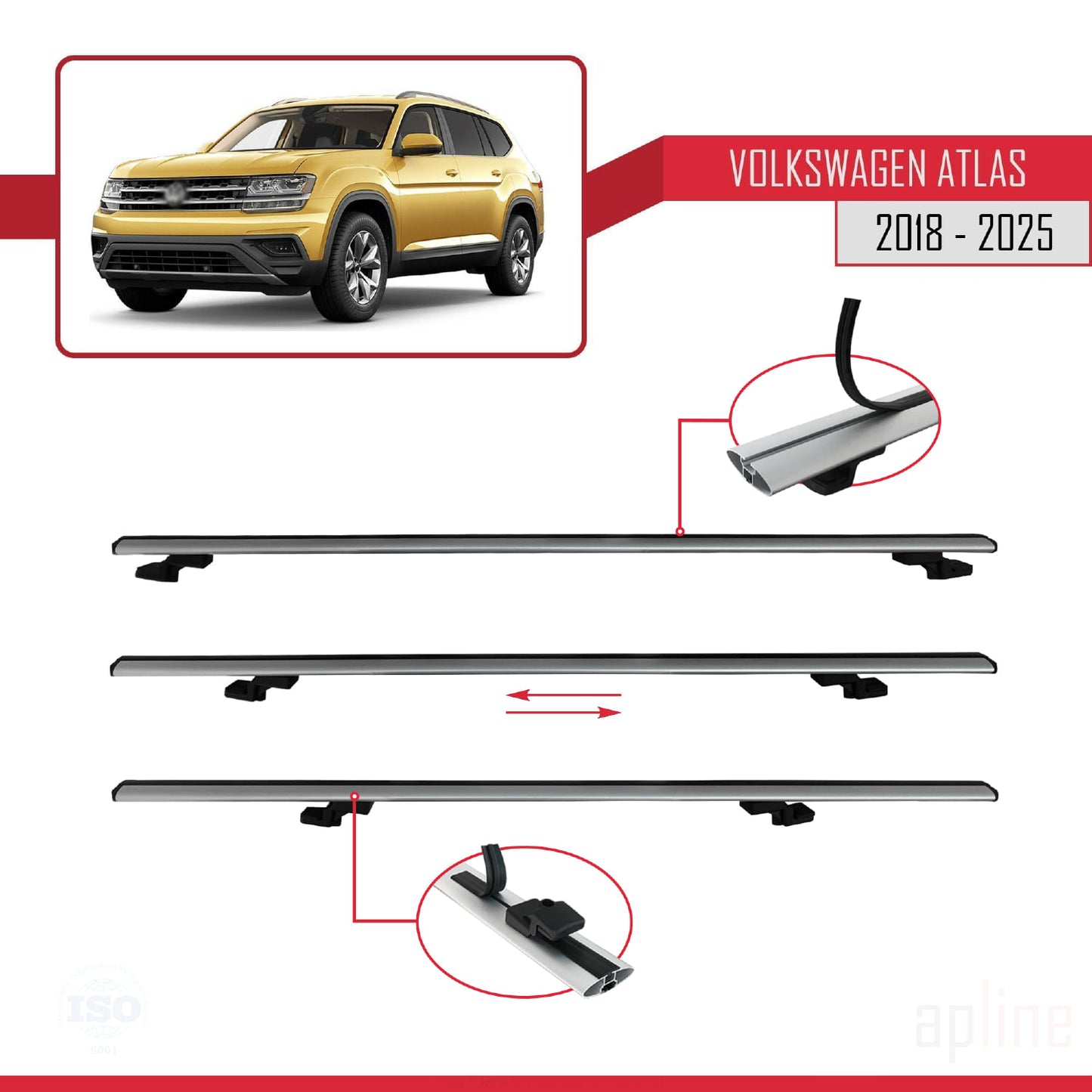Compatible avec Volkswagen Atlas (CA1) 2018-2025 BASIC Model Barres de Toit Railing Porte-Bagages de Voiture Gris Aluminium 3 Barres