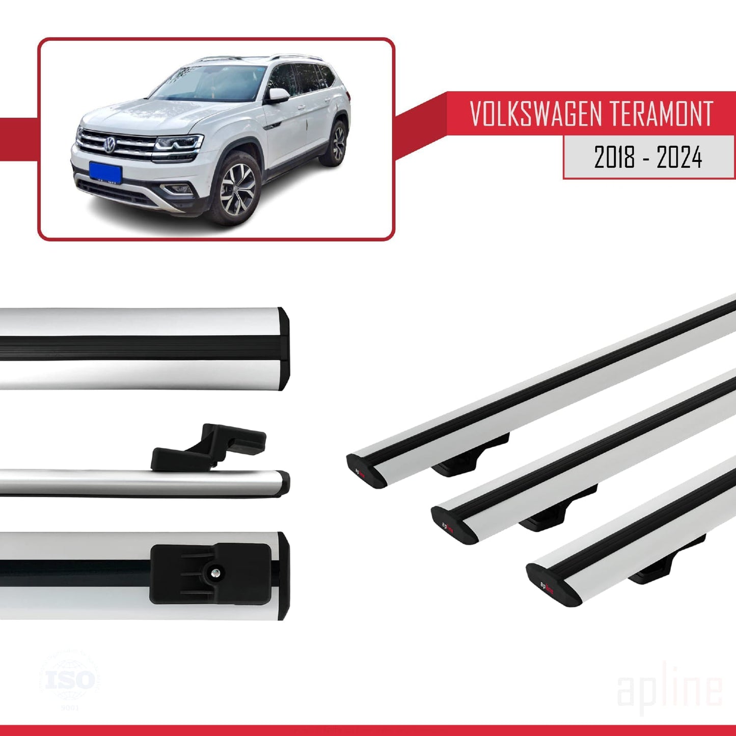 Compatible avec Volkswagen Teramont (CA1) 2018-2024 BASIC Model Barres de Toit Railing Porte-Bagages de Voiture Gris Aluminium 3 Barres