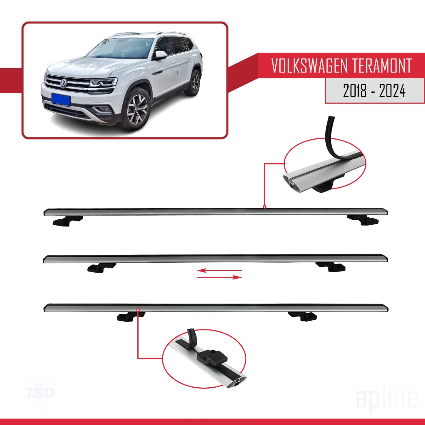 Compatible avec Volkswagen Teramont (CA1) 2018-2024 BASIC Model Barres de Toit Railing Porte-Bagages de Voiture Gris Aluminium 2 Barres