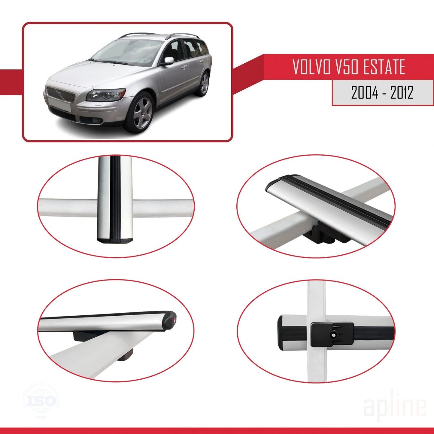 Compatible avec Volvo V50 2004-2012 BASIC Model Barres de Toit Railing Porte-Bagages de Voiture Gris Aluminium 2 Barres