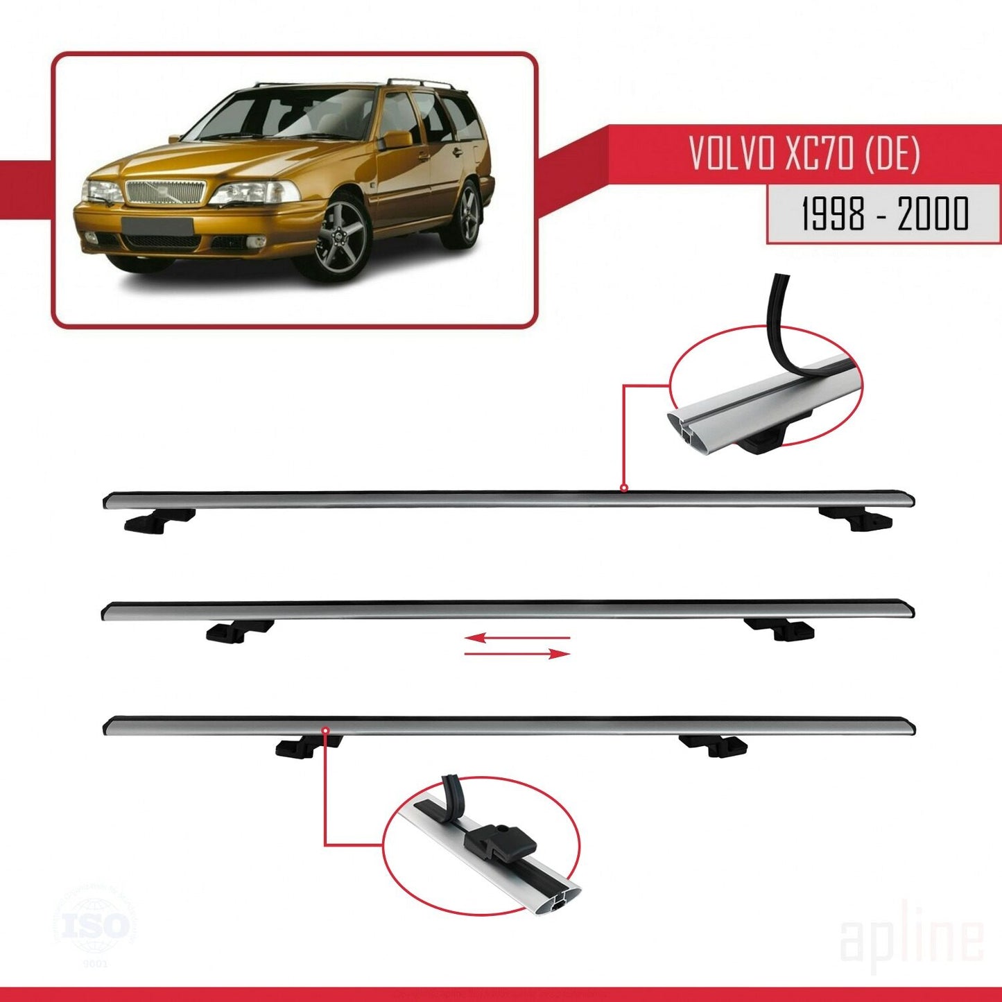 Compatible avec Volvo XC70 1998-2000 BASIC Model Barres de Toit Railing Porte-Bagages de Voiture Gris Aluminium 3 Barres