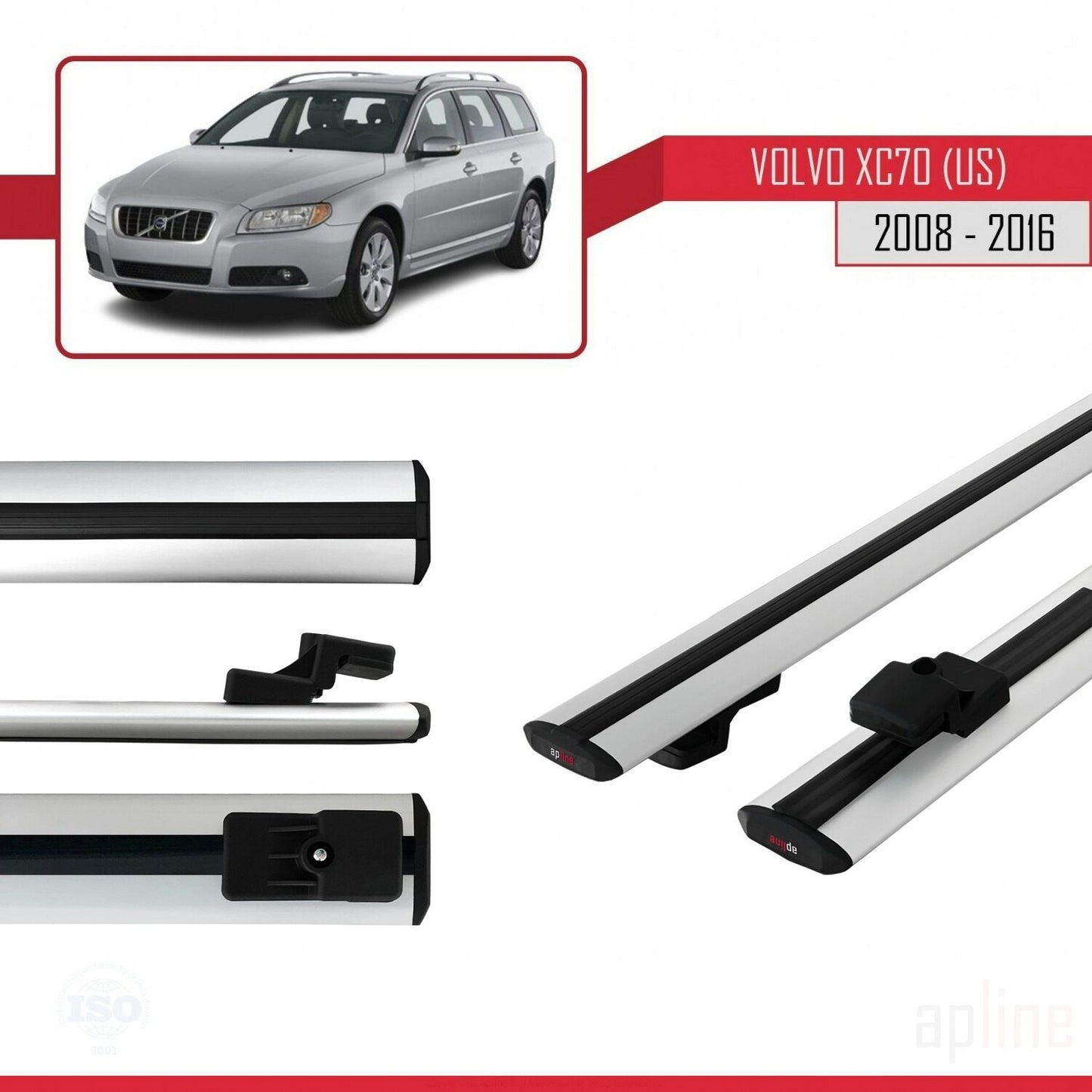 Compatible avec Volvo XC70 II (P24) 2008-2016 BASIC Model Barres de Toit Railing Porte-Bagages de Voiture Gris Aluminium 2 Barres