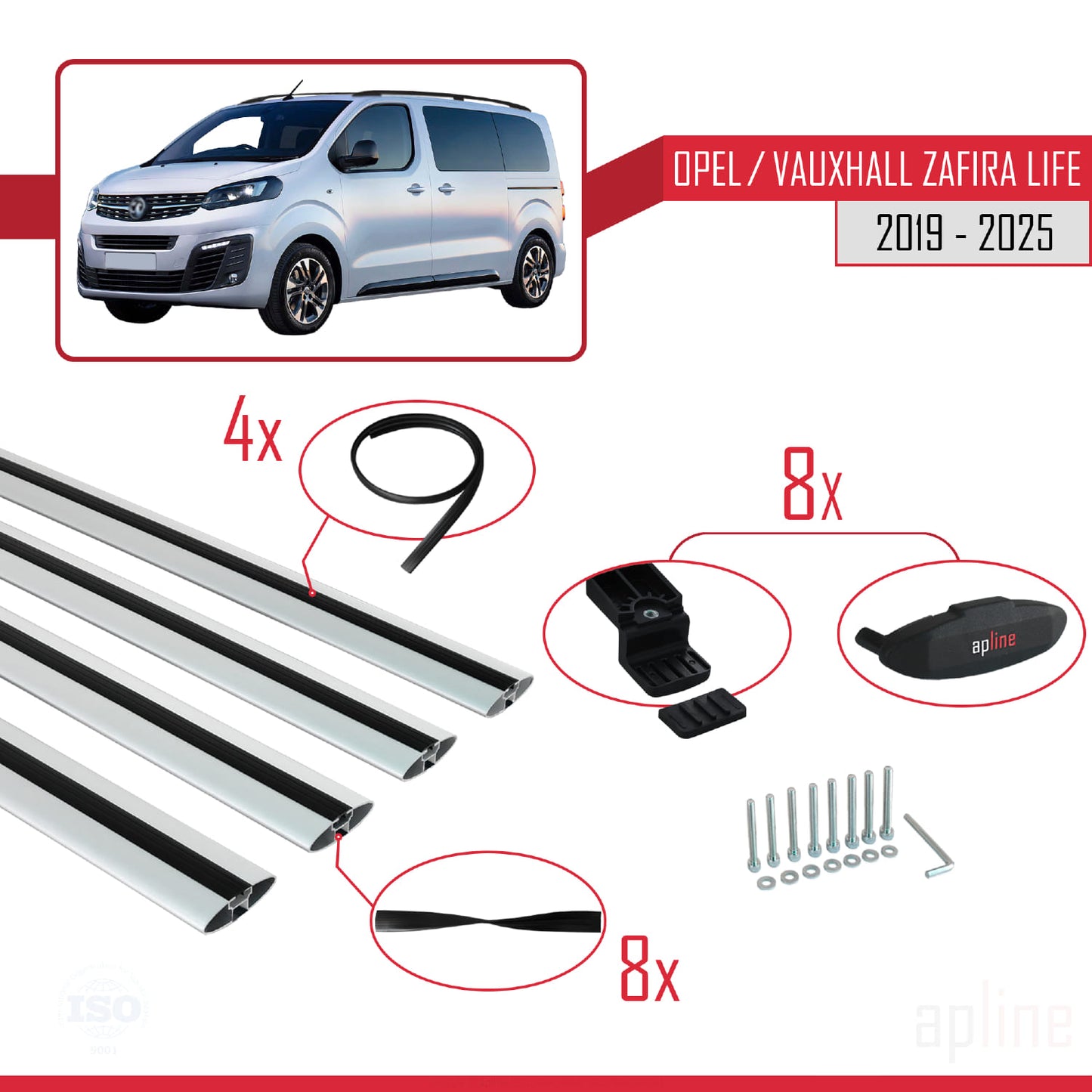 Compatible avec Opel Zafira Life 2019-2025 BASIC Model Barres de Toit Railing Porte-Bagages de Voiture Gris Aluminium 4 Barres