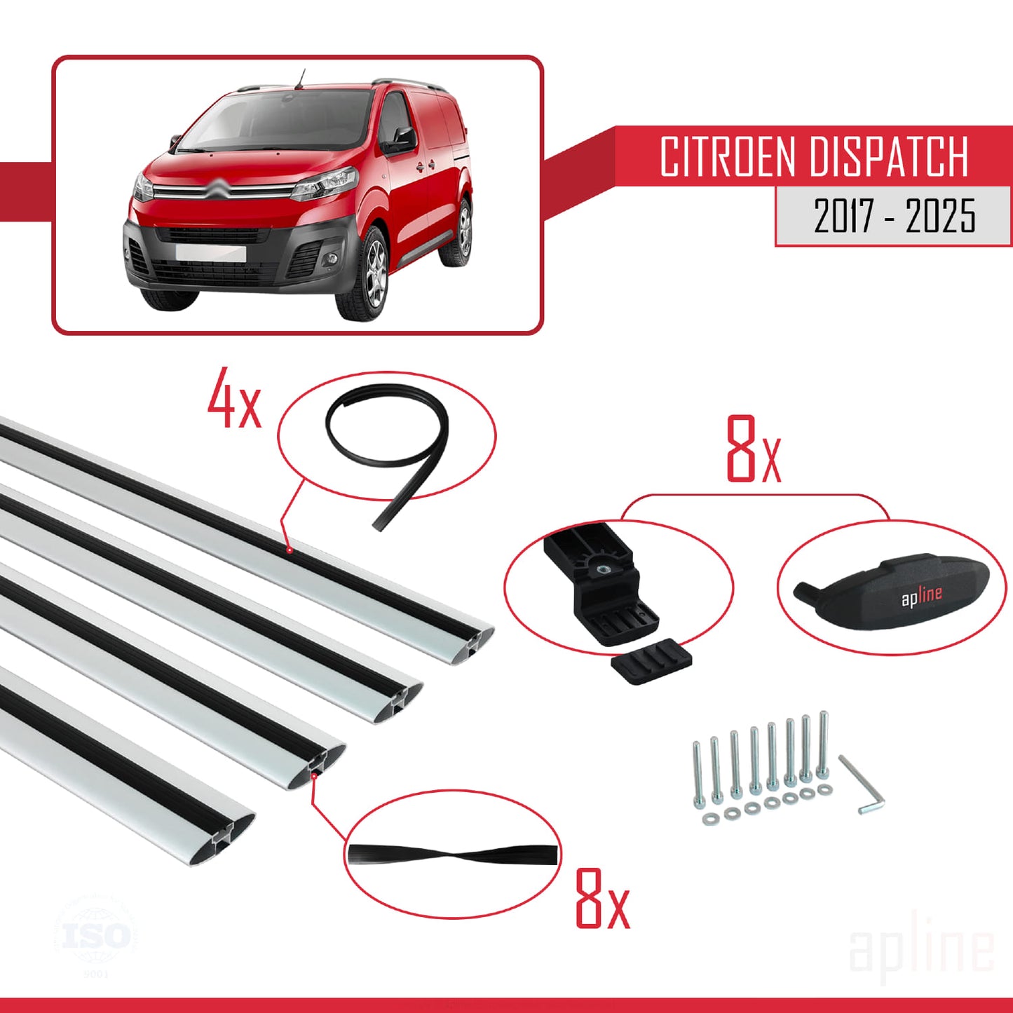 Compatibile con Citroen Dispatch (K0) 2017-2025 modello BASIC Barre portatutto per auto Portapacchi in alluminio grigio 4 barre