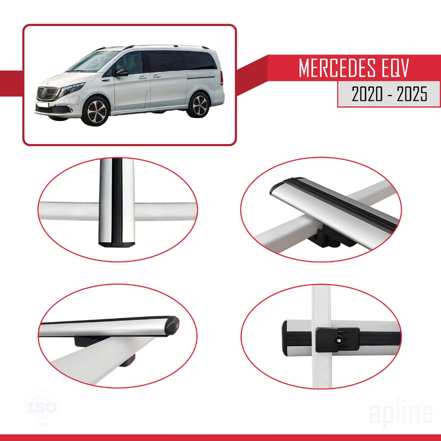 Compatible with Mercedes EQV (W447) 2020-2025 BASIC Model Car Roof Rack Cross Bar Grey Aluminium 4 Bars