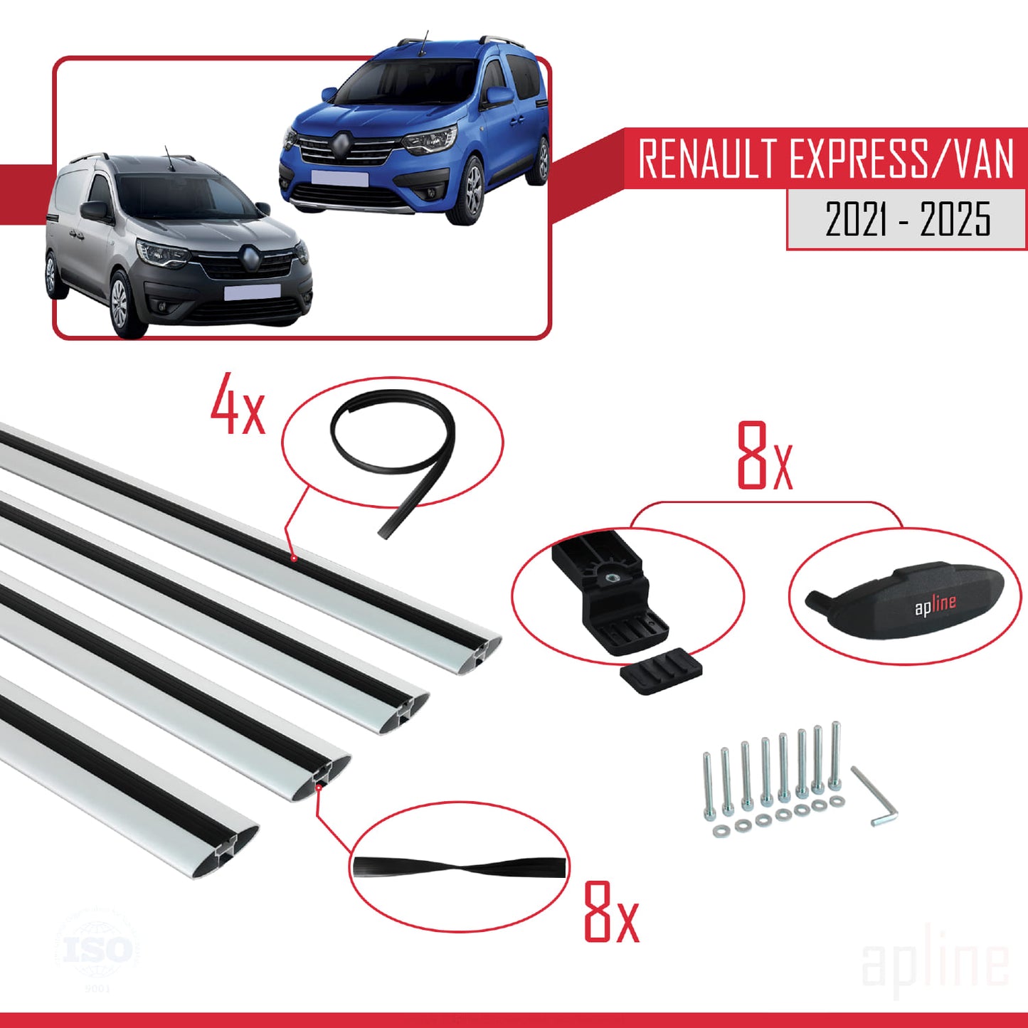 Compatible with Renault Express 2021-2025 BASIC Model Car Roof Rack Cross Bar Grey Aluminium 4 Bars