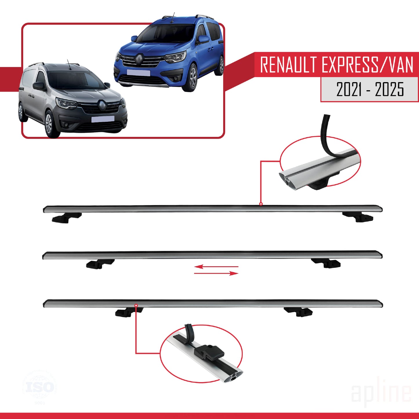 Compatible with Renault Express 2021-2025 BASIC Model Car Roof Rack Cross Bar Grey Aluminium 2 Bars