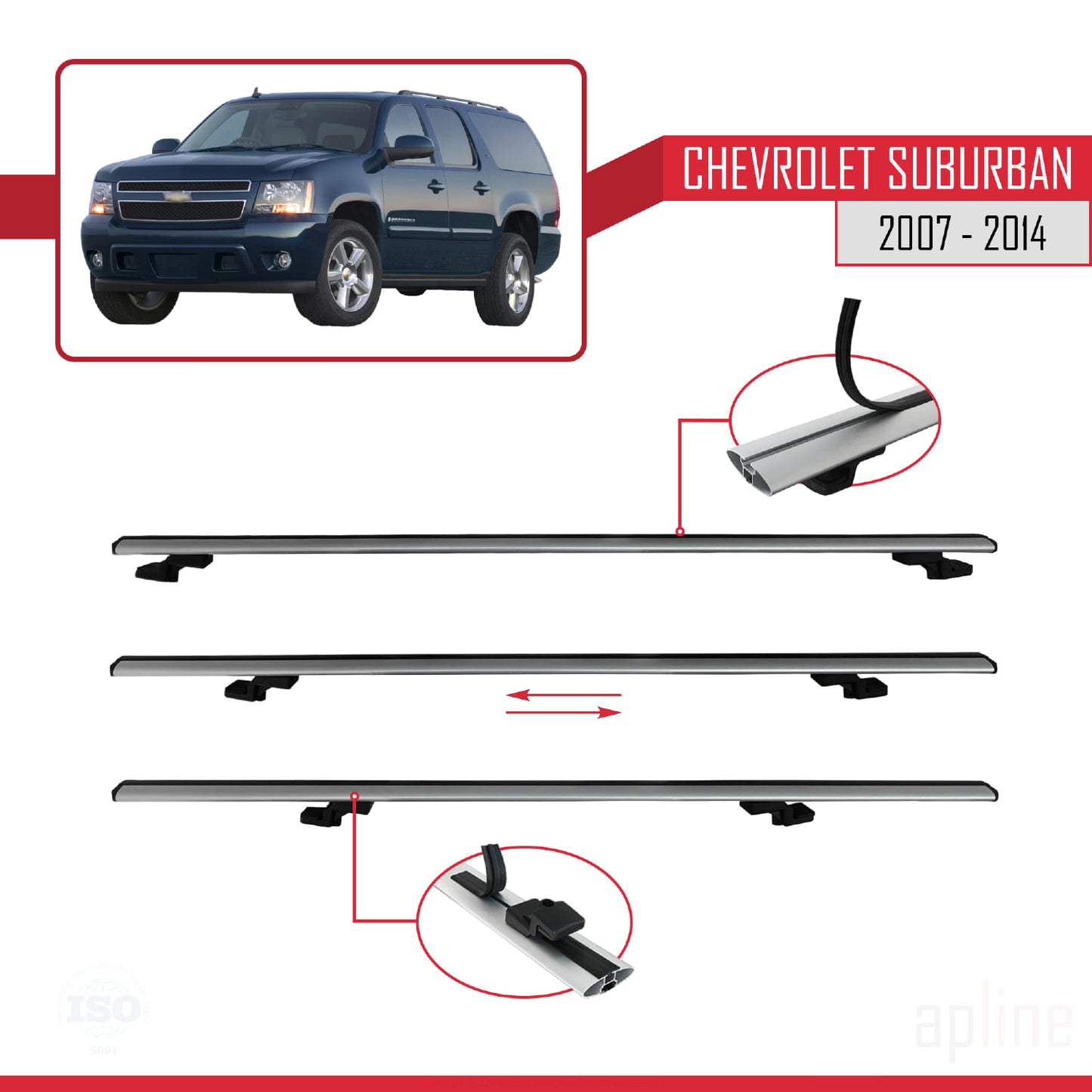 Compatibile con Chevrolet Suburban modello BASIC 2007-2014 Portapacchi per auto in alluminio grigio con 4 barre