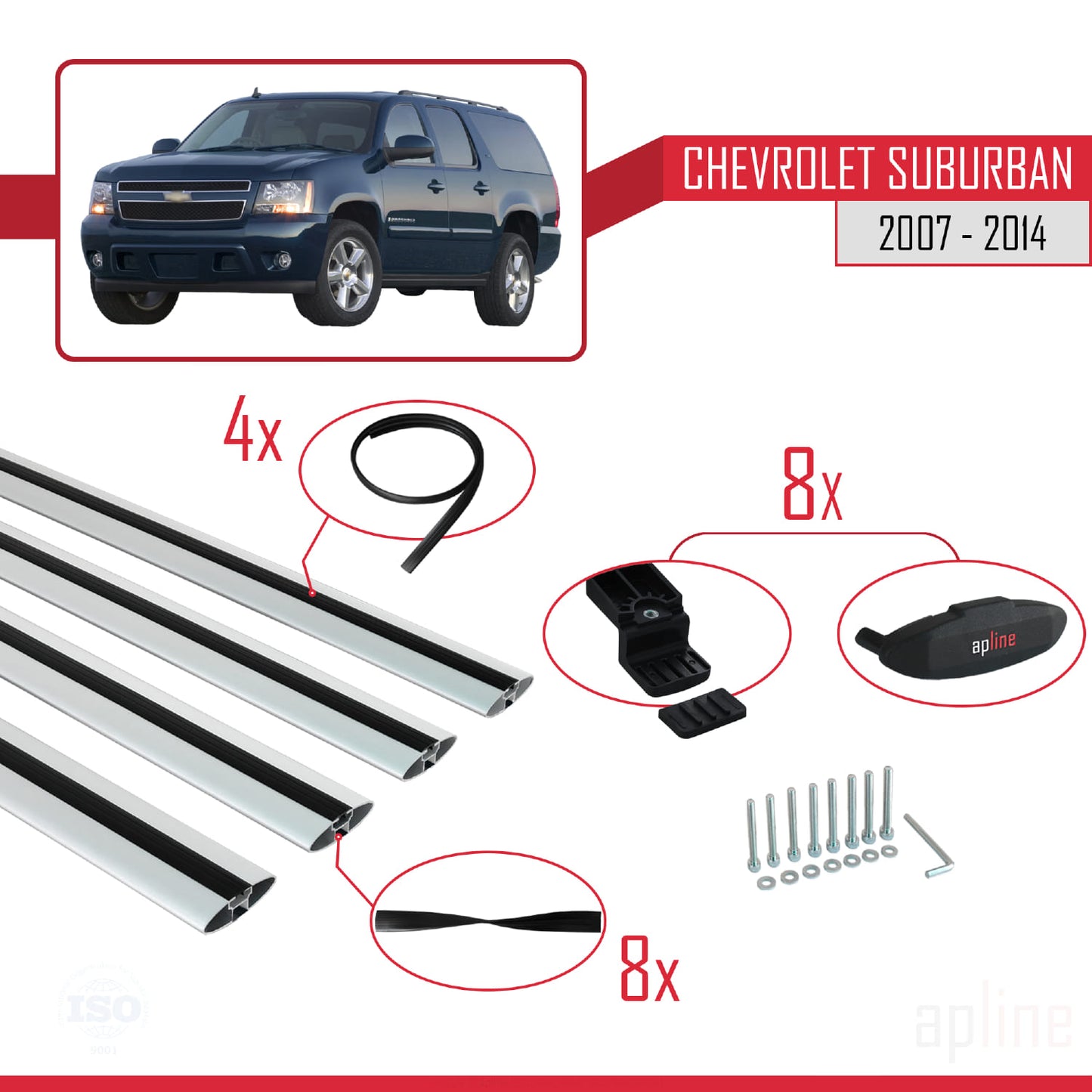 Compatibile con Chevrolet Suburban modello BASIC 2007-2014 Portapacchi per auto in alluminio grigio con 4 barre