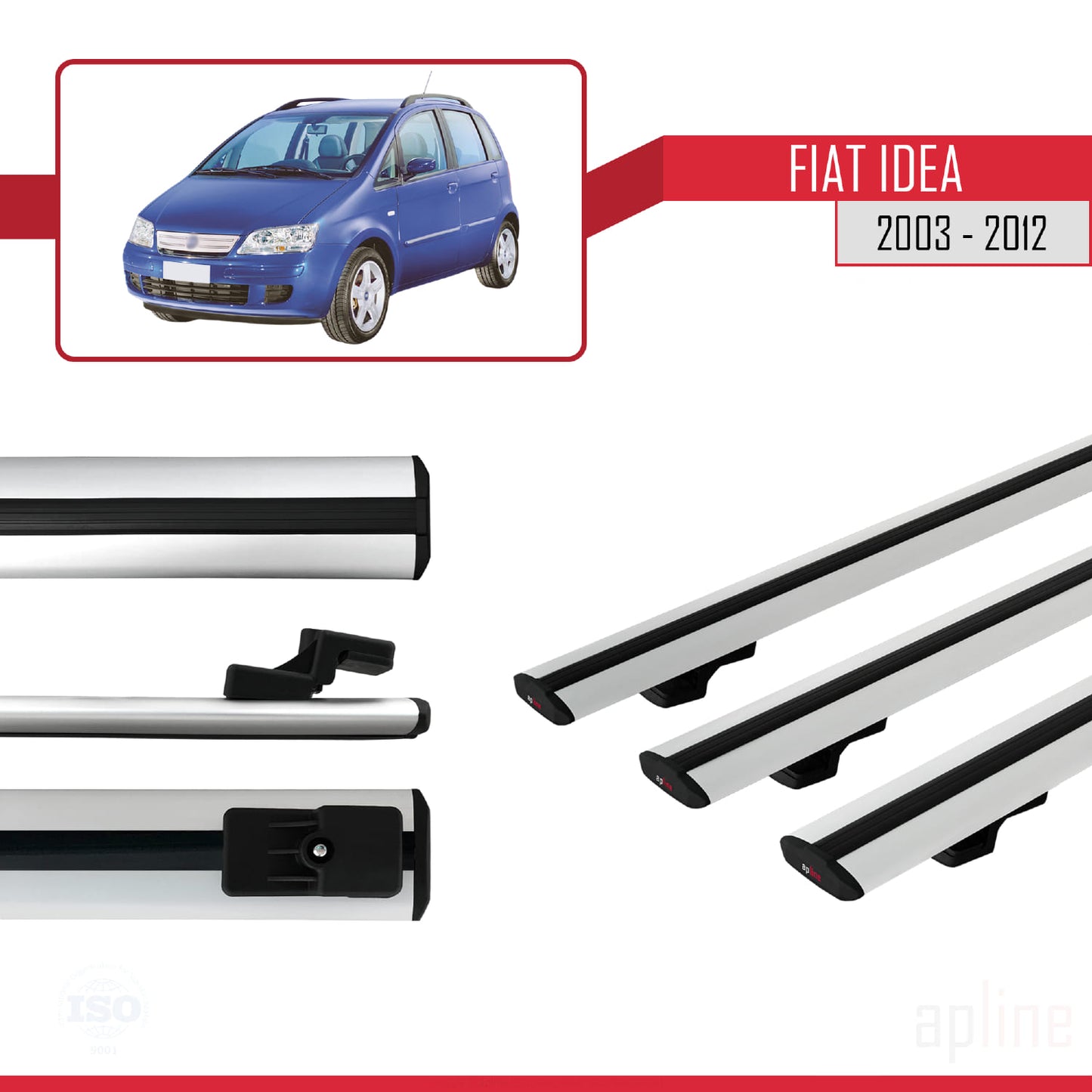 Kompatibel mit Fiat Idea 2003-2012 Basismodell Dachgepäckträger, graues Aluminium, 3 Stangen