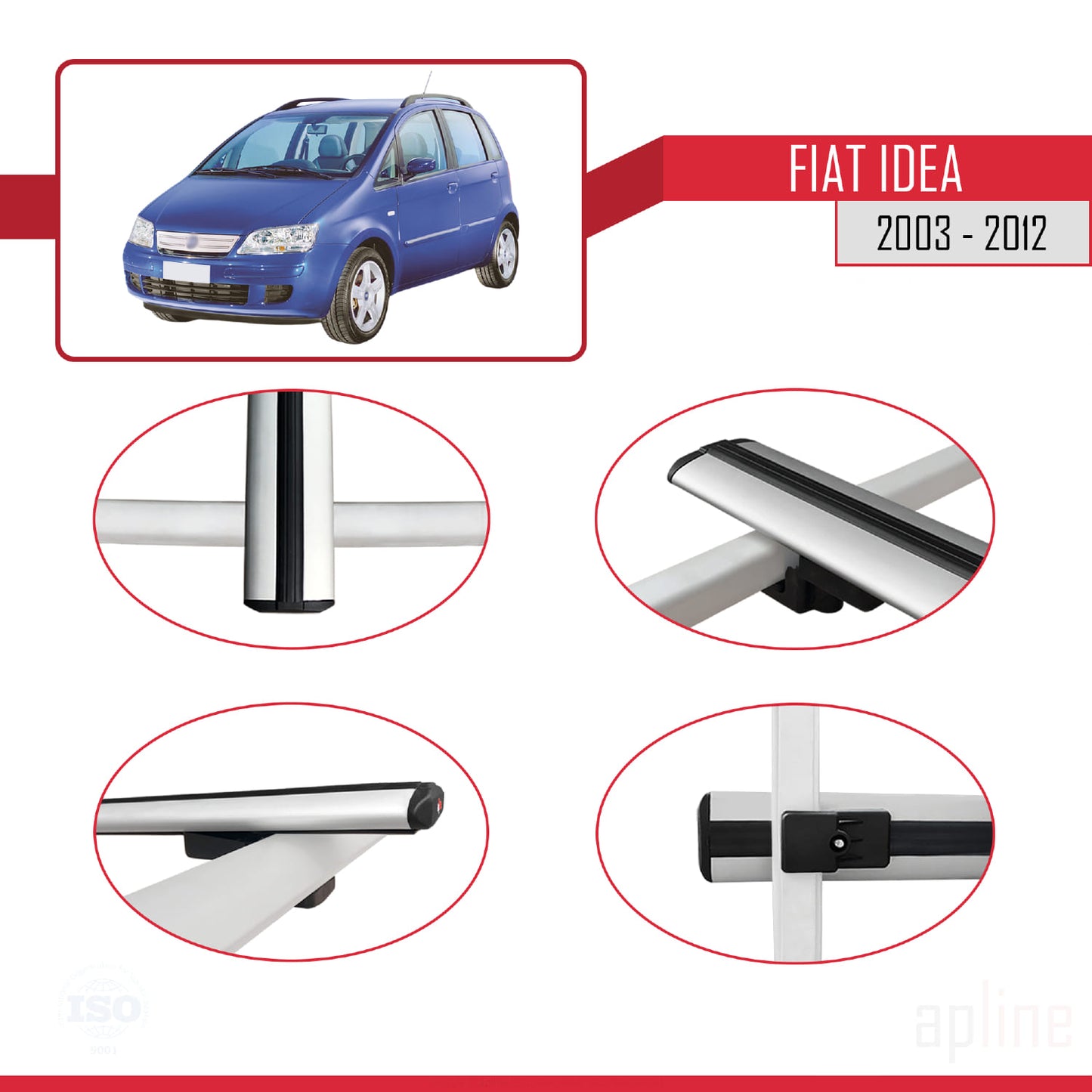 Kompatibel mit Fiat Idea 2003-2012 Basismodell Dachgepäckträger, graues Aluminium, 2 Stangen