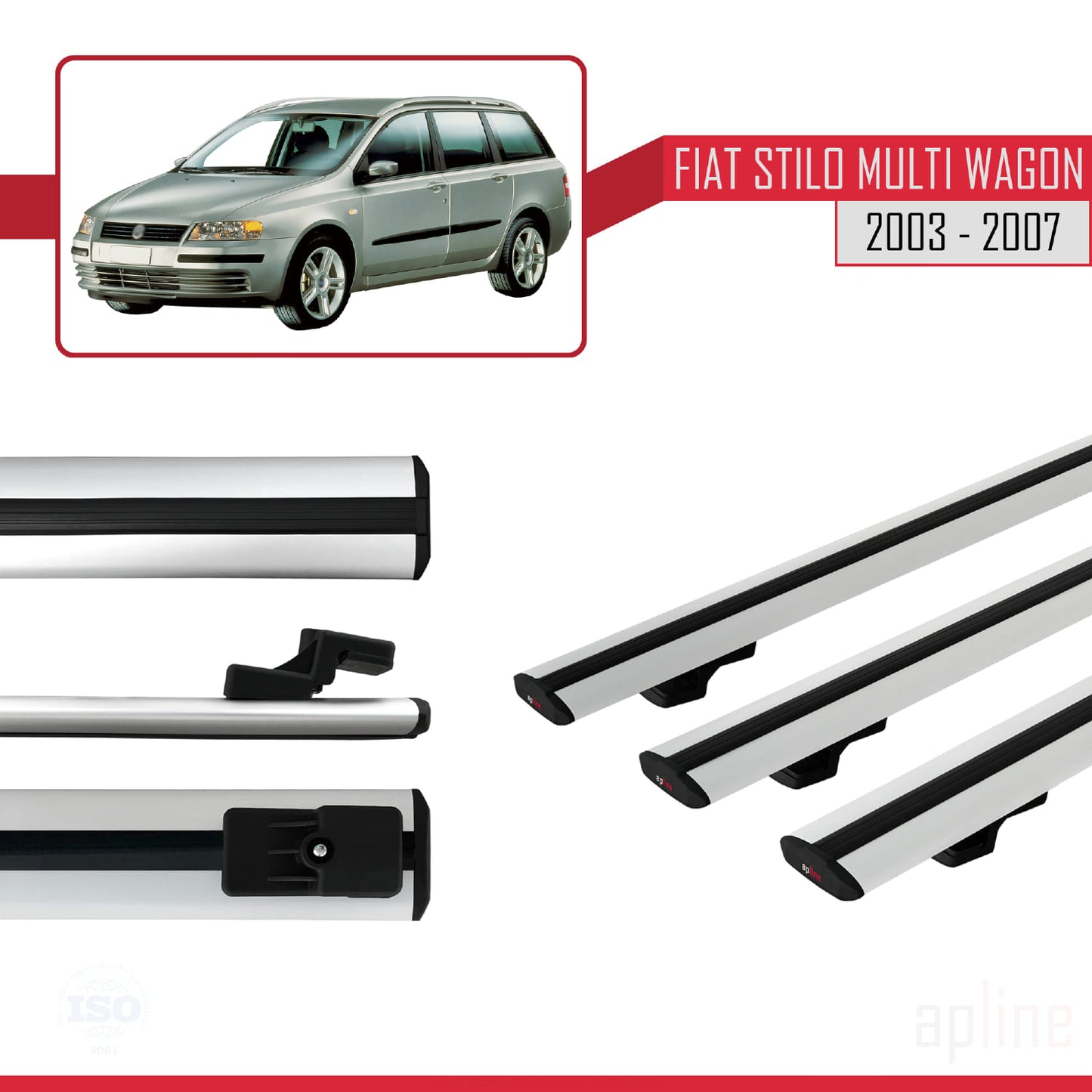 Kompatibel mit Fiat Stilo Multi Wagon 2003-2007 Basismodell Dachgepäckträger, graues Aluminium, 3 Stangen