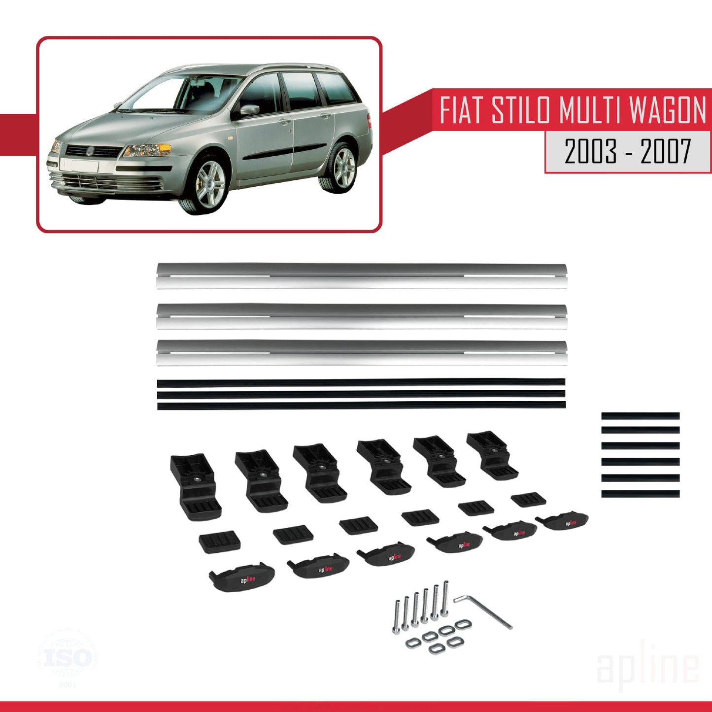 Kompatibel mit Fiat Stilo Multi Wagon 2003-2007 Basismodell Dachgepäckträger, graues Aluminium, 3 Stangen