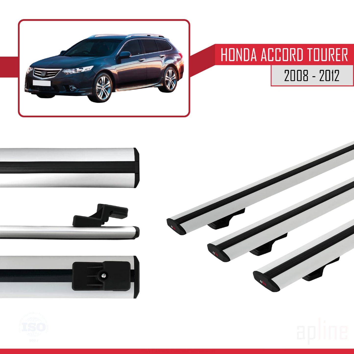 Compatibile con Honda Accord Tourer 2008-2012 BASIC Model Barre Tetto Portapacchi Auto Barre Portatutto Grigo Alluminio 3 Barre