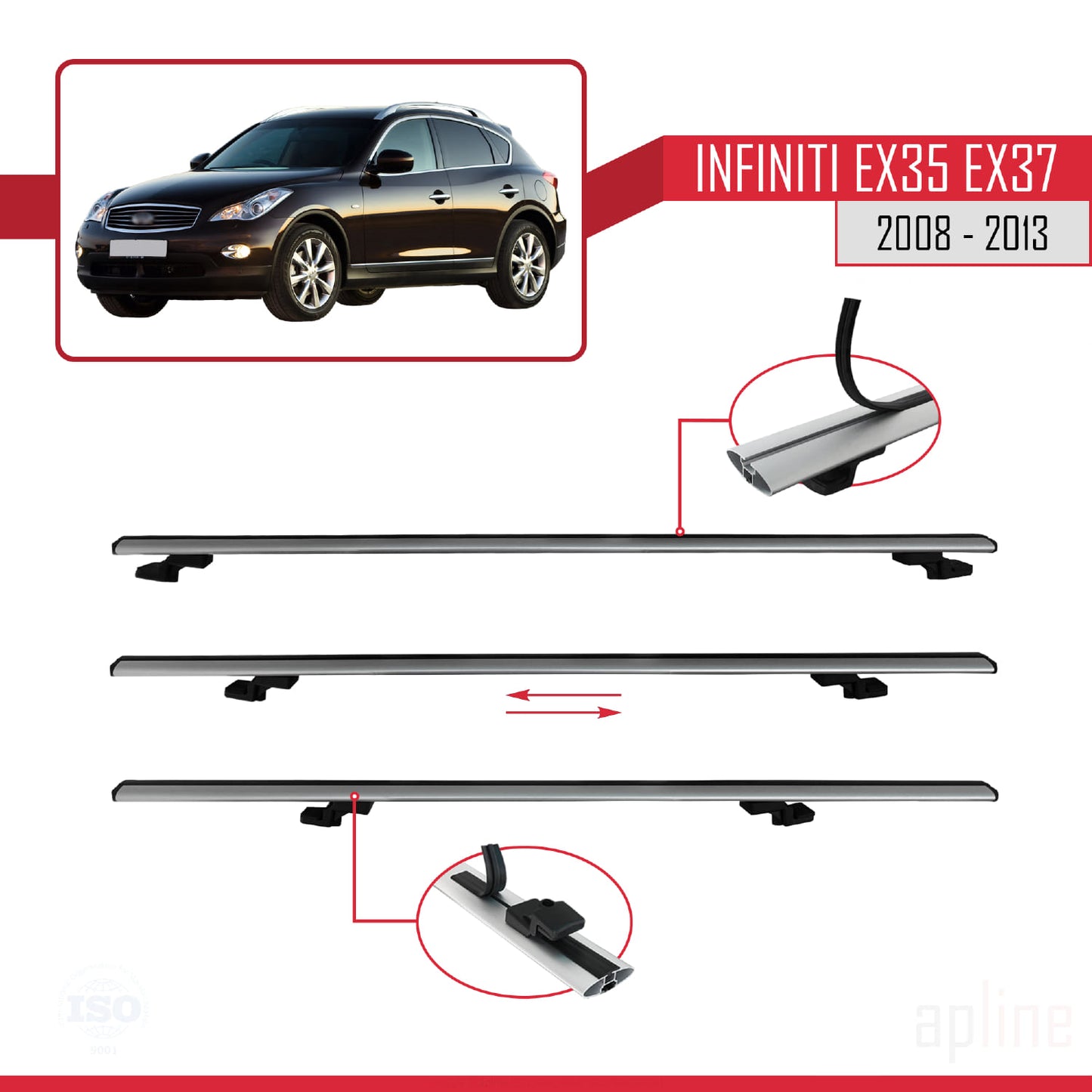 Compatibile con Infiniti EX35 EX37 modello BASIC 2008-2013 Barre portatutto per auto Portapacchi in alluminio grigio 2 barre