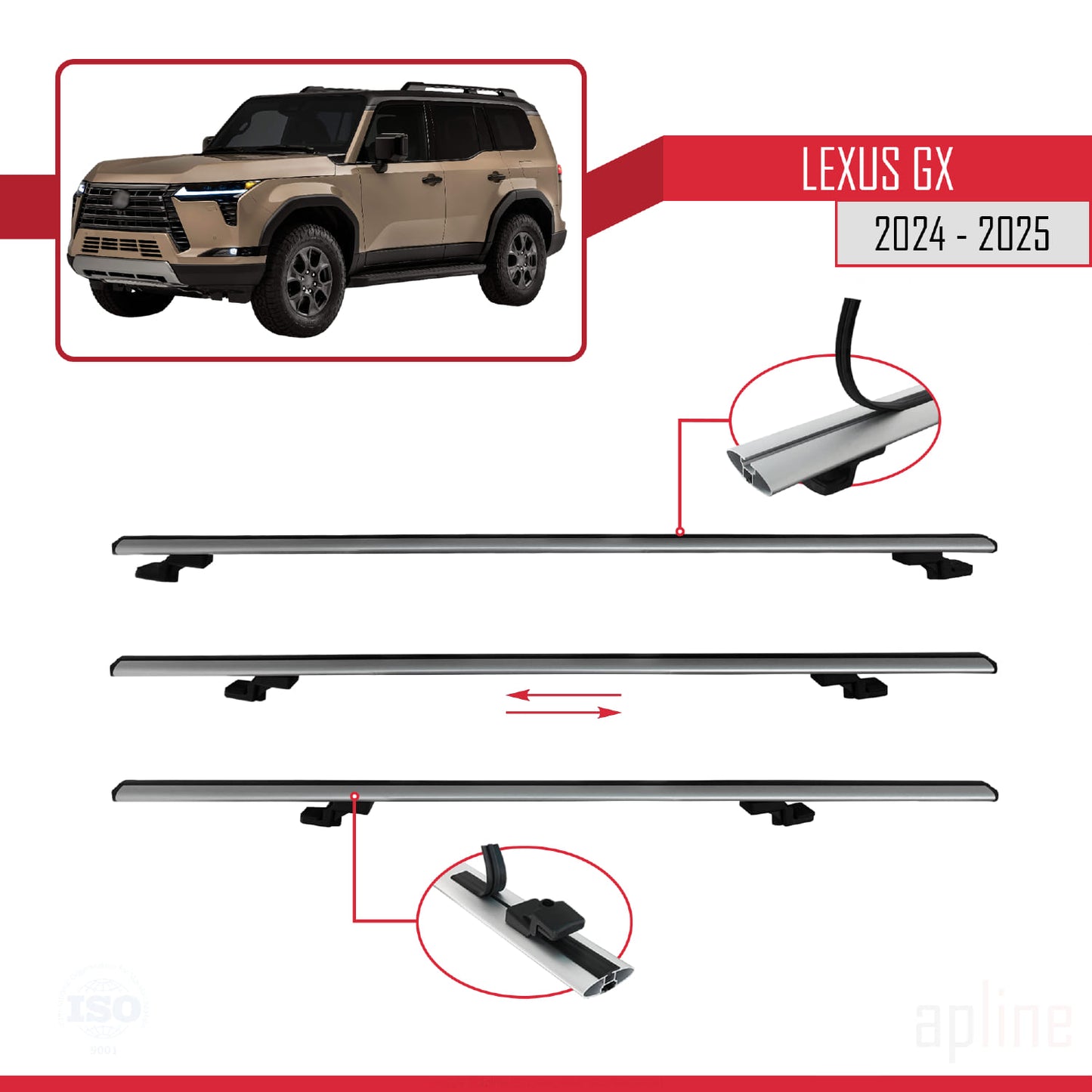 Compatible with Lexus GX 2024-2025 BASIC Model Car Roof Rack Cross Bar Grey Aluminium 2 Bars