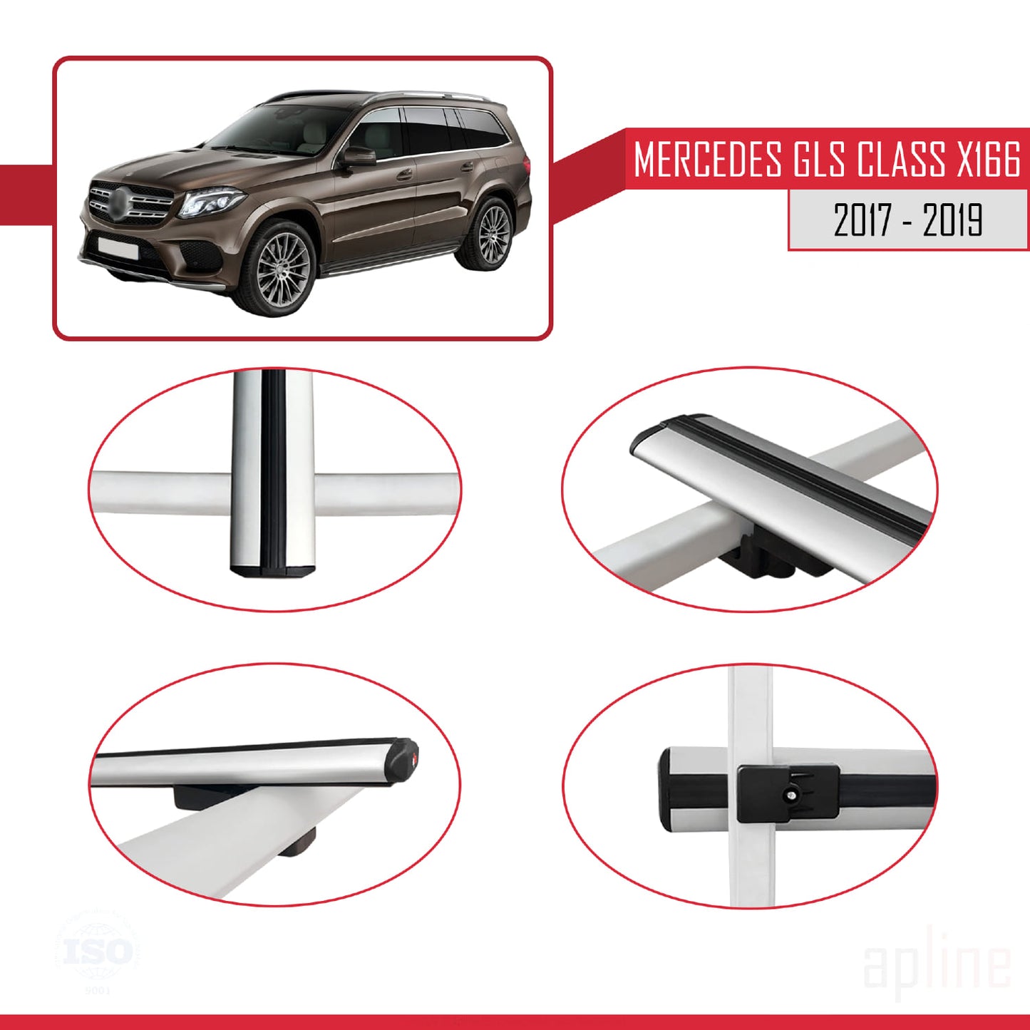 Compatibile con Mercedes GLS Class X166 2017-2019 BASIC Model Barre Tetto Portapacchi Auto Barre Portatutto Grigo Alluminio 3 Barre