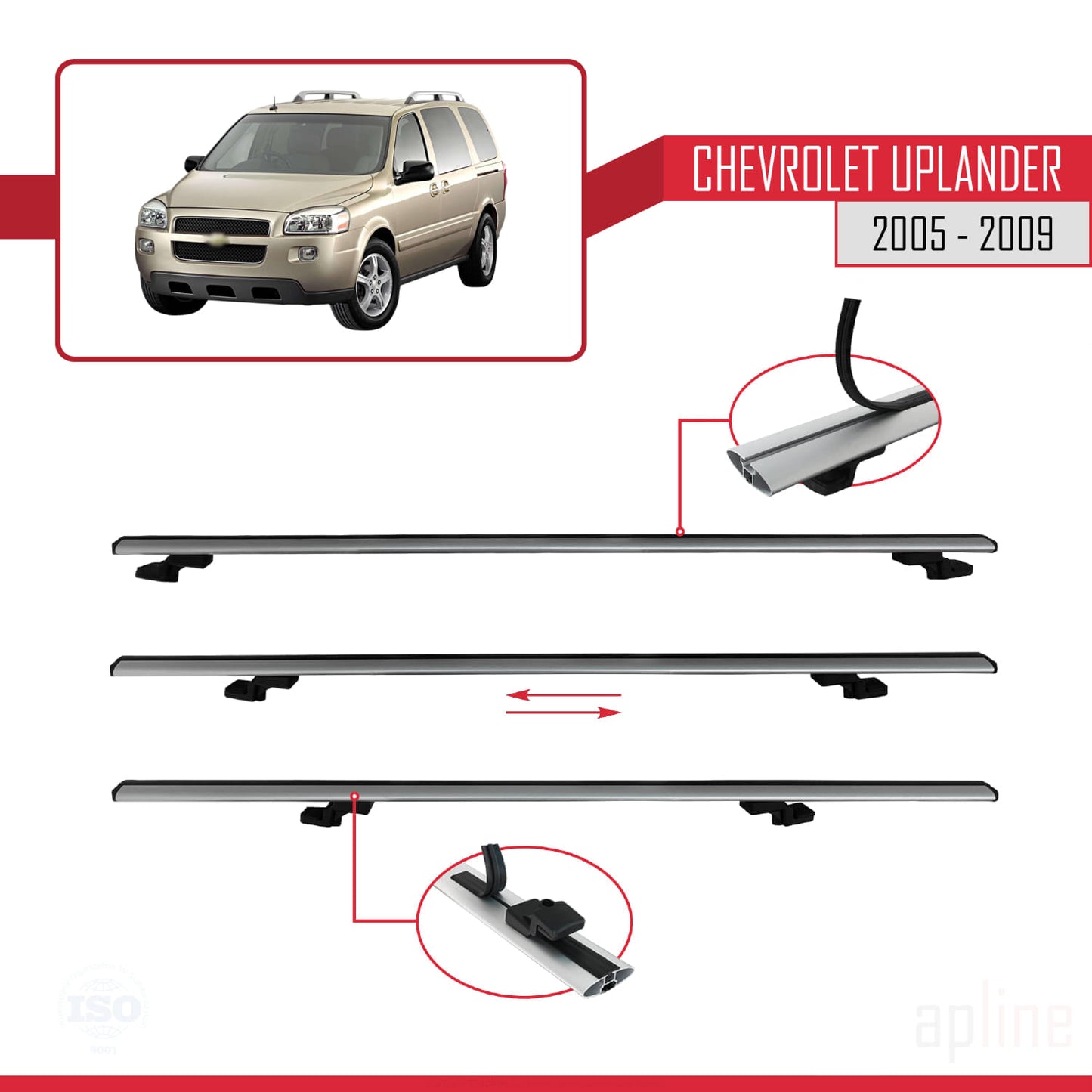 Compatible with Chevrolet Uplander 2005-2009 BASIC Model Car Roof Rack Cross Bar Grey Aluminium 3 Bars