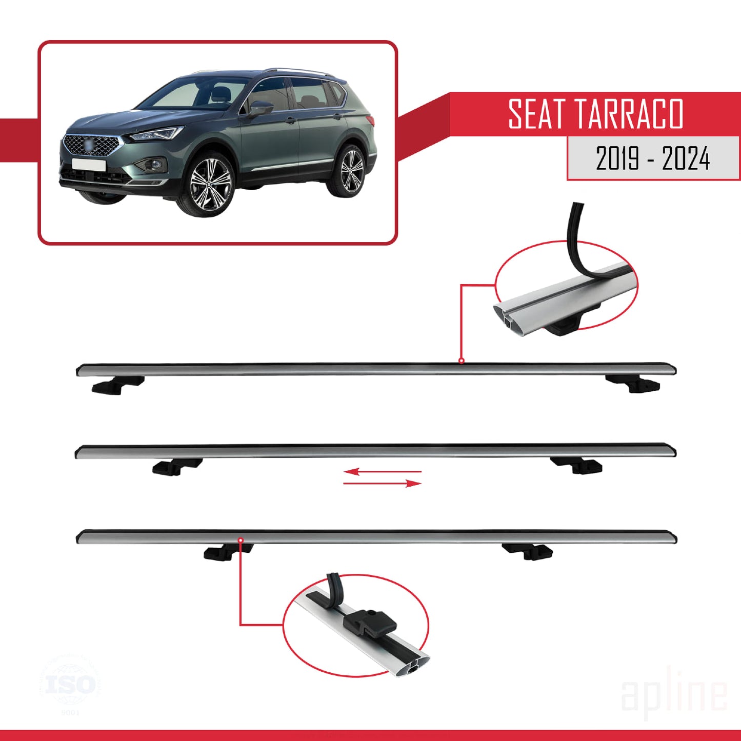 Compatible avec Seat Tarraco 2019-2024 BASIC Model Barres de Toit Railing Porte-Bagages de Voiture Gris Aluminium 3 Barres