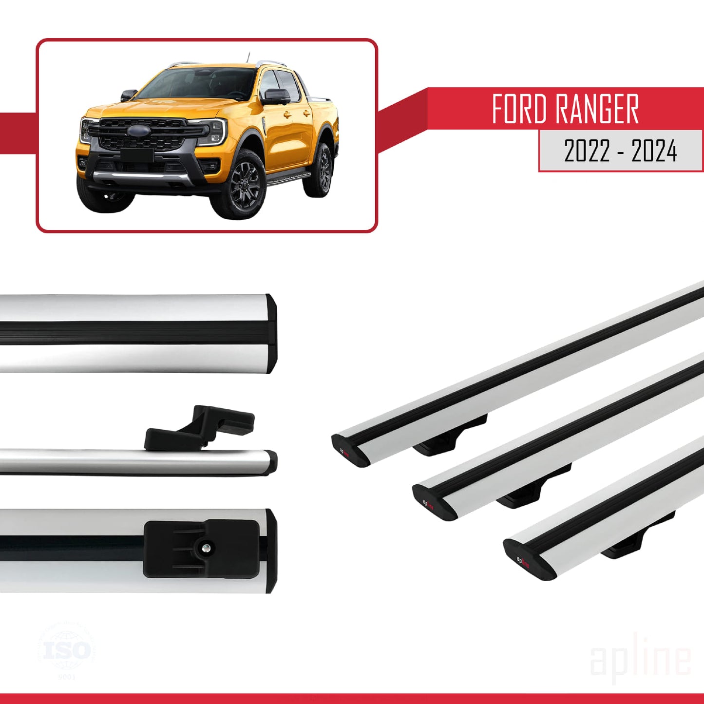 Compatibile con Ford Ranger (P703) 2022-2024 modello BASIC Barre portatutto per auto Portapacchi in alluminio grigio 3 barre