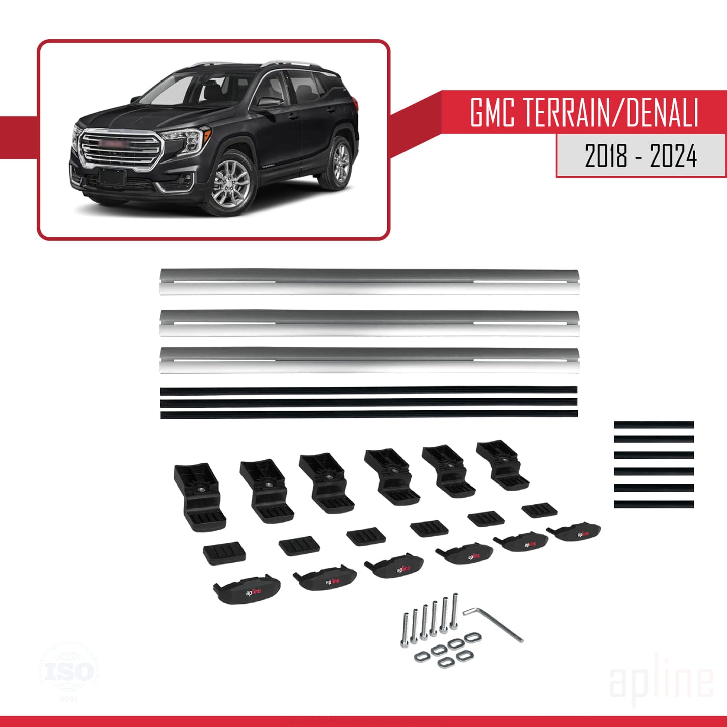 Compatibile con GMC Terrain / Denali 2018-2024 modello BASIC Barre portatutto per auto in alluminio grigio 3 barre